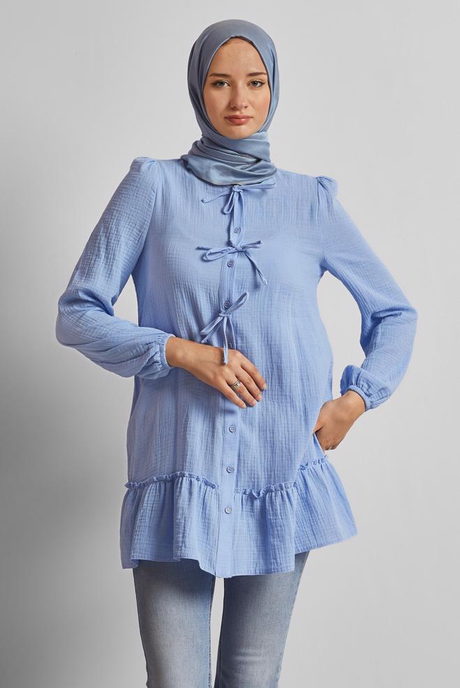 Vêtements hijab BLEU TUNIQUE EN MOUSSELINE DE COTON 45369-1 - ALVİNA