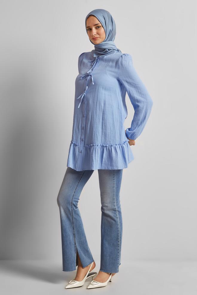 Vêtements hijab BLEU TUNIQUE EN MOUSSELINE DE COTON 45369-1 - ALVİNA
