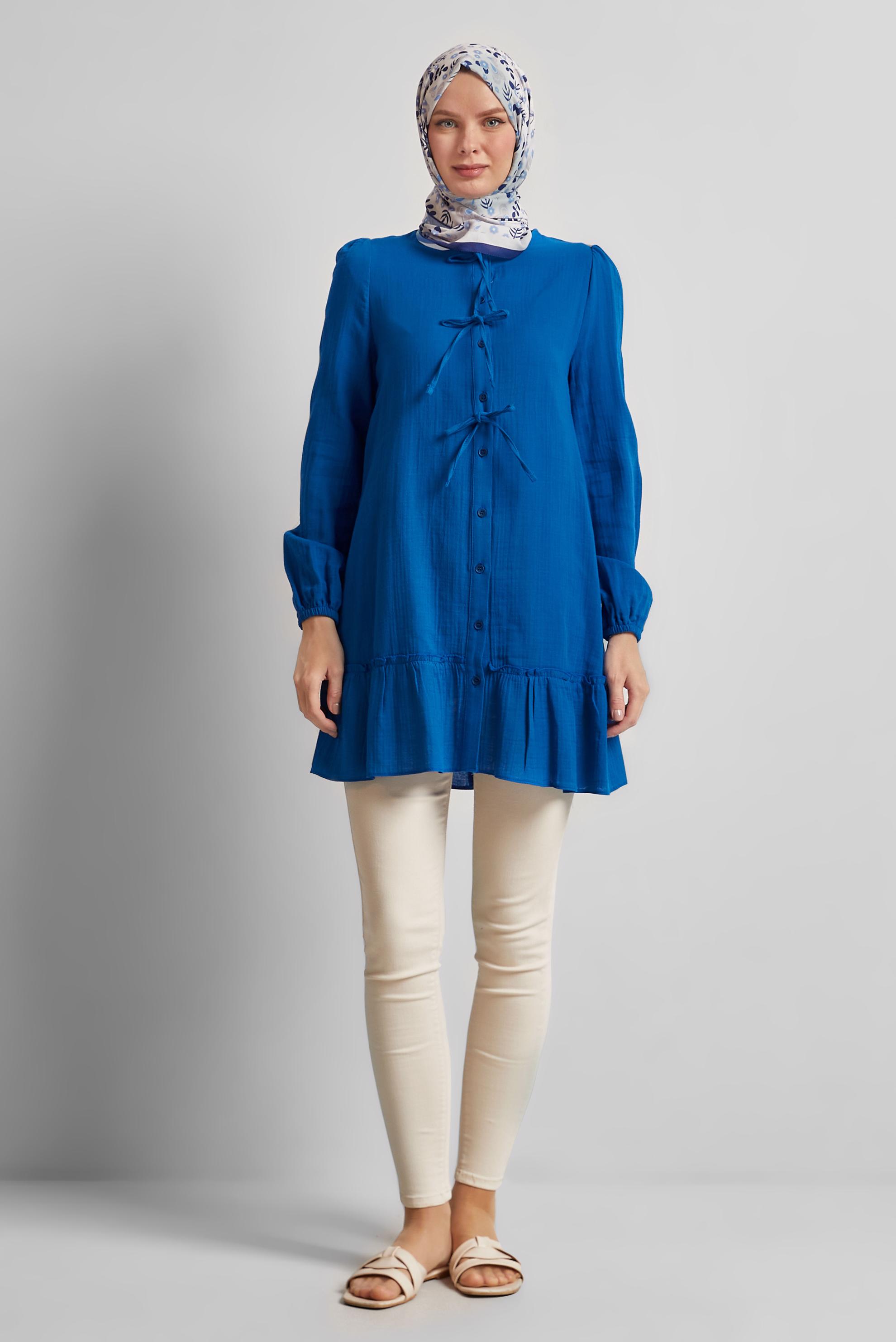 Tesettür giyim LACİVERT PAMUKLU BAĞLAMA DETAYLI TUNİK 45369