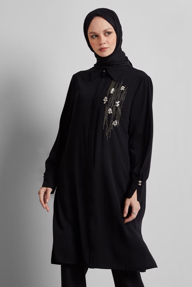 Tesettür giyim SİYAH BONCUK DETAYLI TUNİK 45371 - ALVİNA