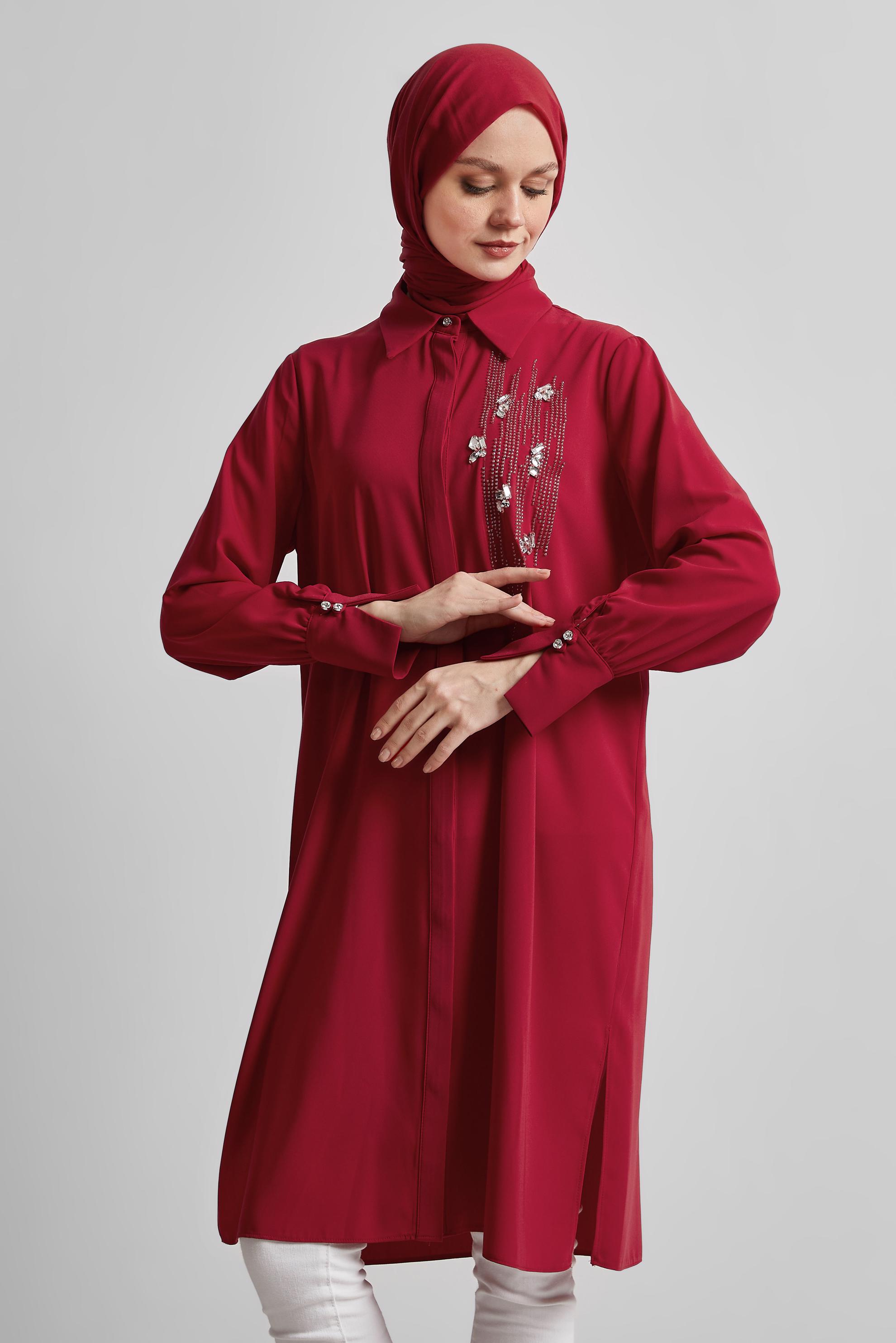 Tesettür giyim KIRMIZI BONCUK DETAYLI TUNİK 45371