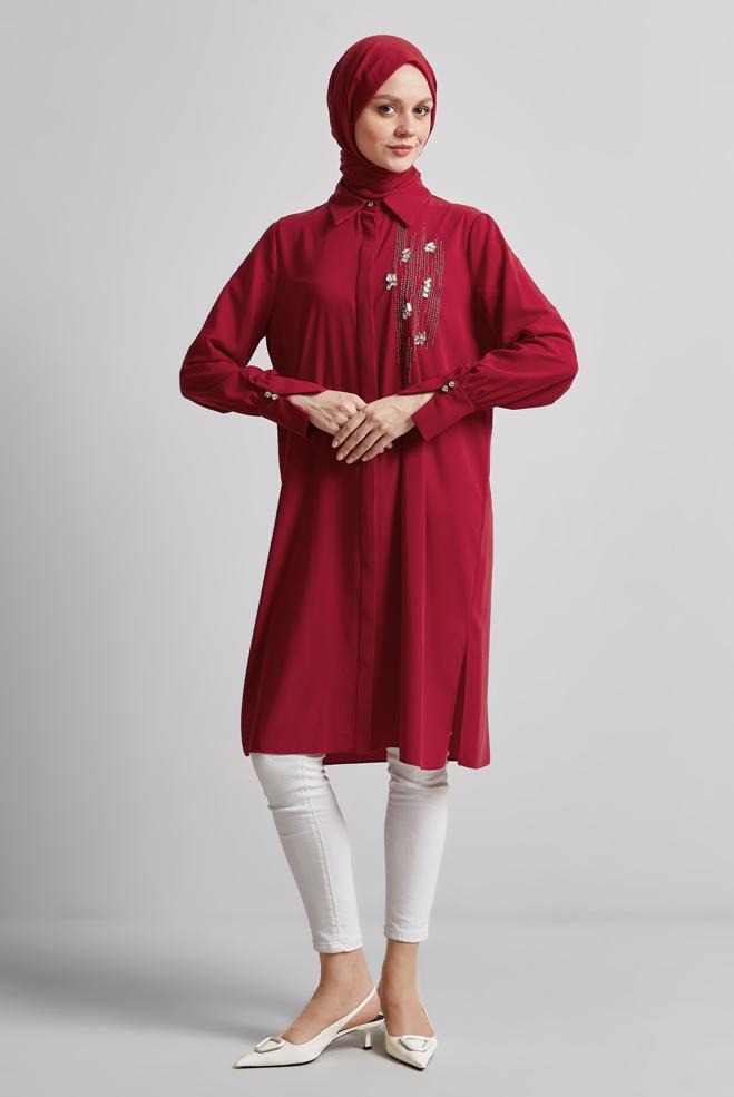 Tesettür giyim KIRMIZI BONCUK DETAYLI TUNİK 45371 - ALVİNA