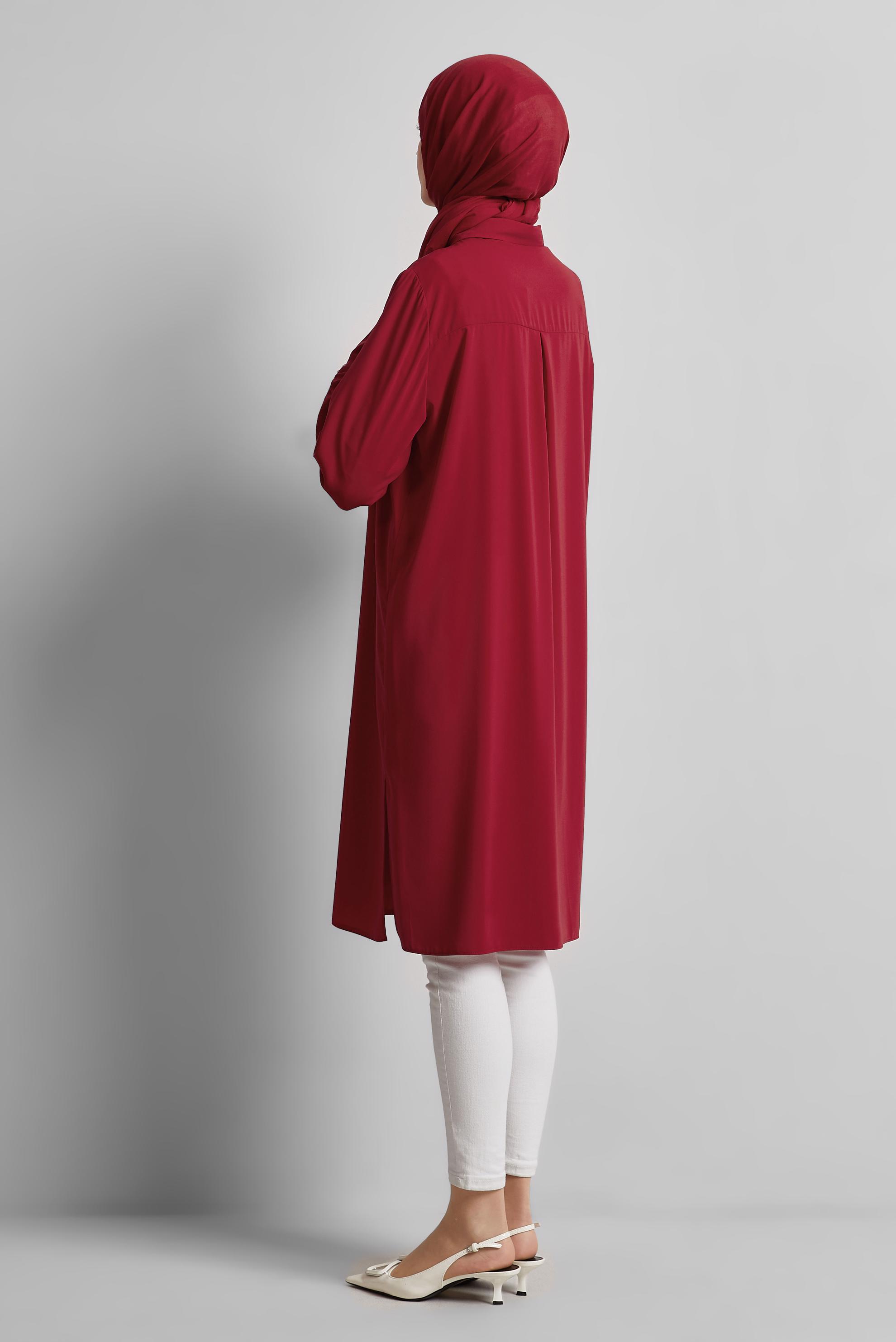 Tesettür giyim KIRMIZI BONCUK DETAYLI TUNİK 45371