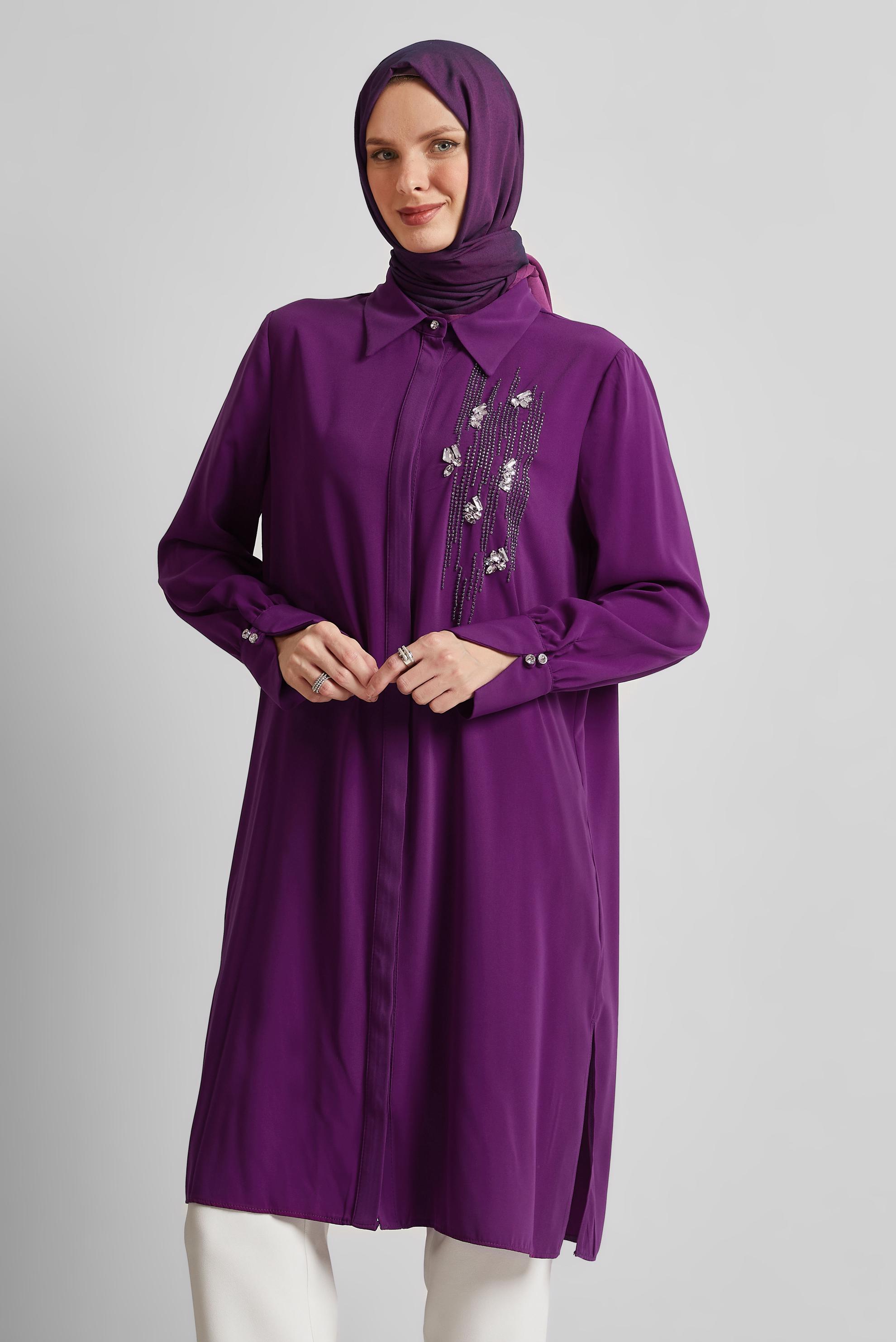 Tesettür giyim MOR BONCUK DETAYLI TUNİK 45371