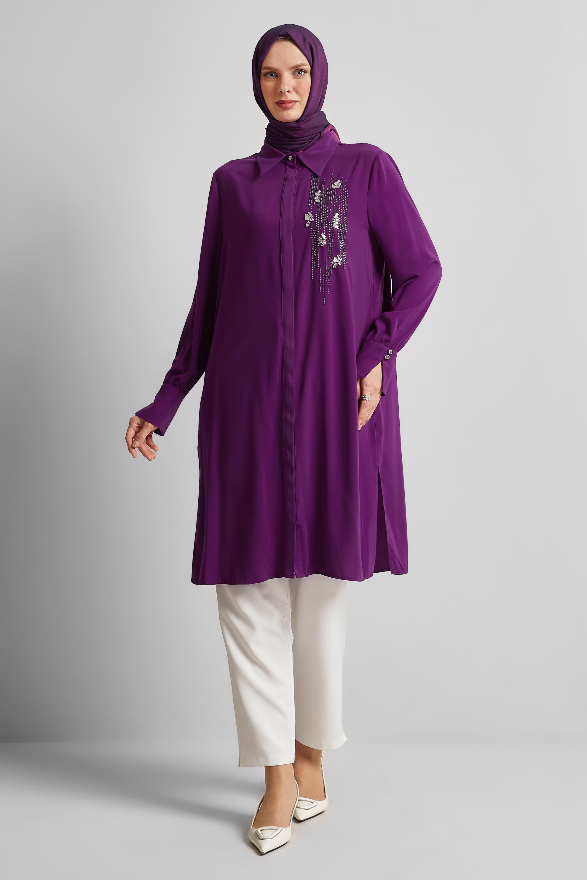 Tesettür giyim MOR BONCUK DETAYLI TUNİK 45371
