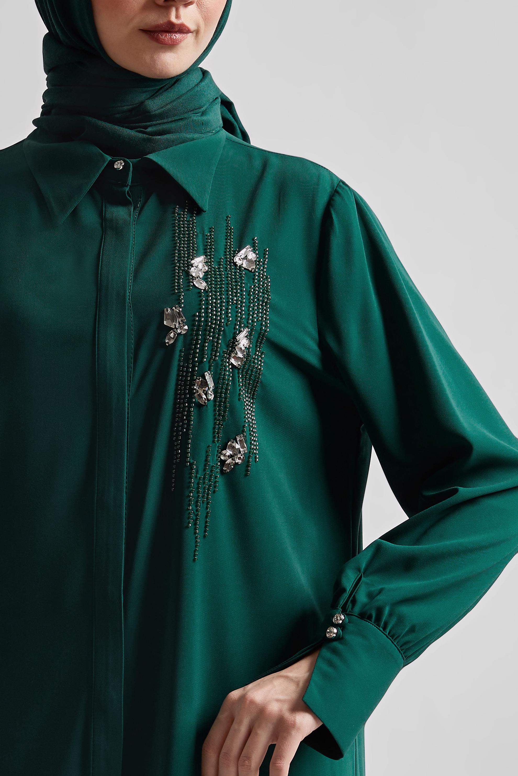 Tesettür giyim YEŞİL BONCUK DETAYLI TUNİK 45371