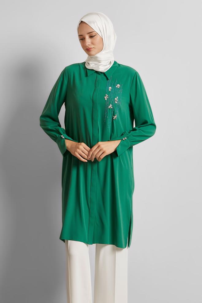 Tesettür giyim YEŞİL BONCUK DETAYLI TUNİK 45371 - ALVİNA