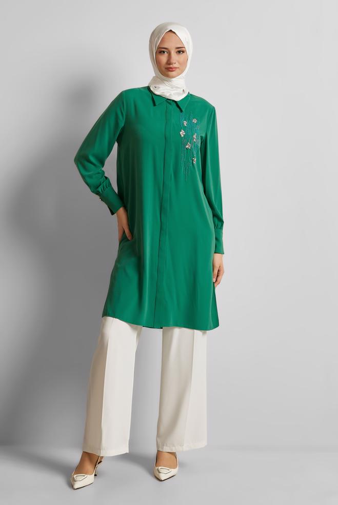Tesettür giyim YEŞİL BONCUK DETAYLI TUNİK 45371 - ALVİNA