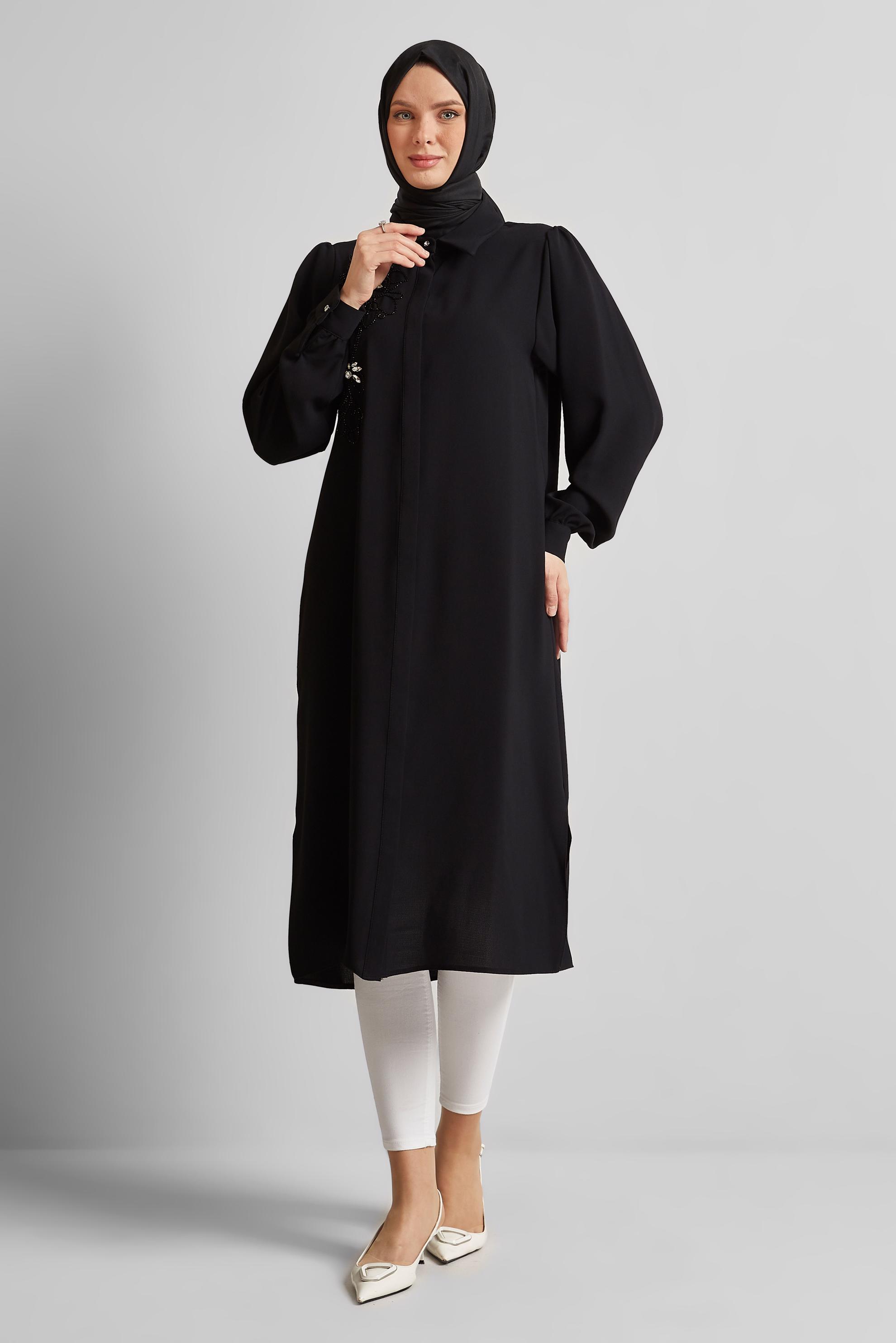 Tesettür giyim SİYAH GÖMLEK YAKA TESETTÜR TUNİK 45372