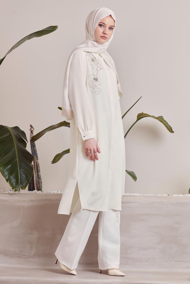 Hijab-Kleidung WEISS HEMDKRAGEN BESCHÄDIGTE TUNIKA 45372 - ALVİNA