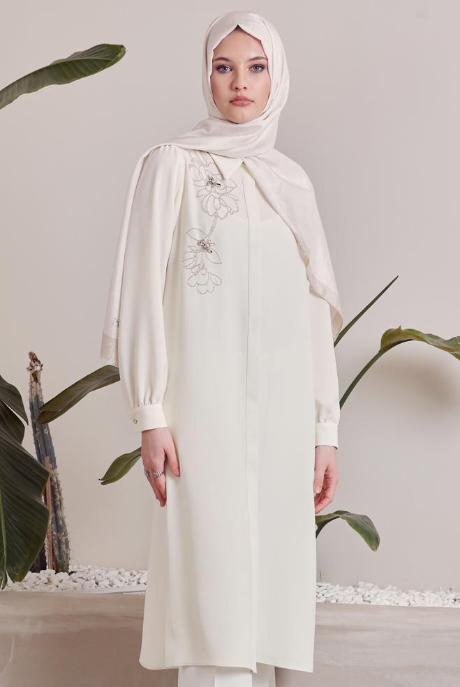 Hijab-Kleidung WEISS HEMDKRAGEN BESCHÄDIGTE TUNIKA 45372 - ALVİNA
