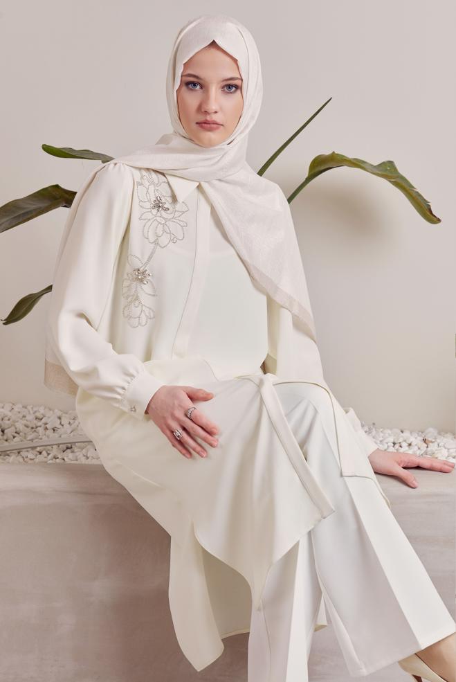 Hijab-Kleidung WEISS HEMDKRAGEN BESCHÄDIGTE TUNIKA 45372 - ALVİNA