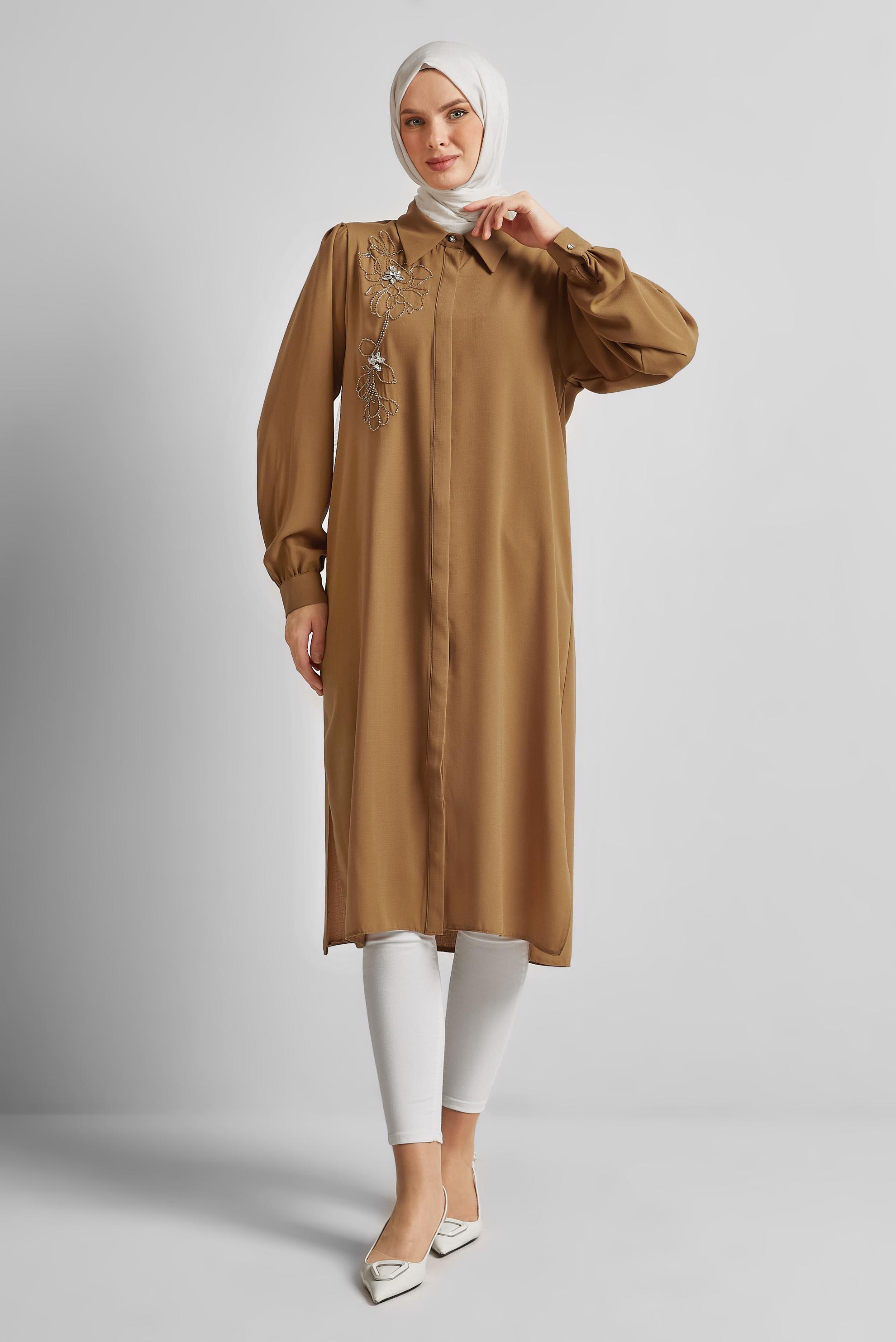 Tesettür giyim SARI GÖMLEK YAKA TESETTÜR TUNİK 45372