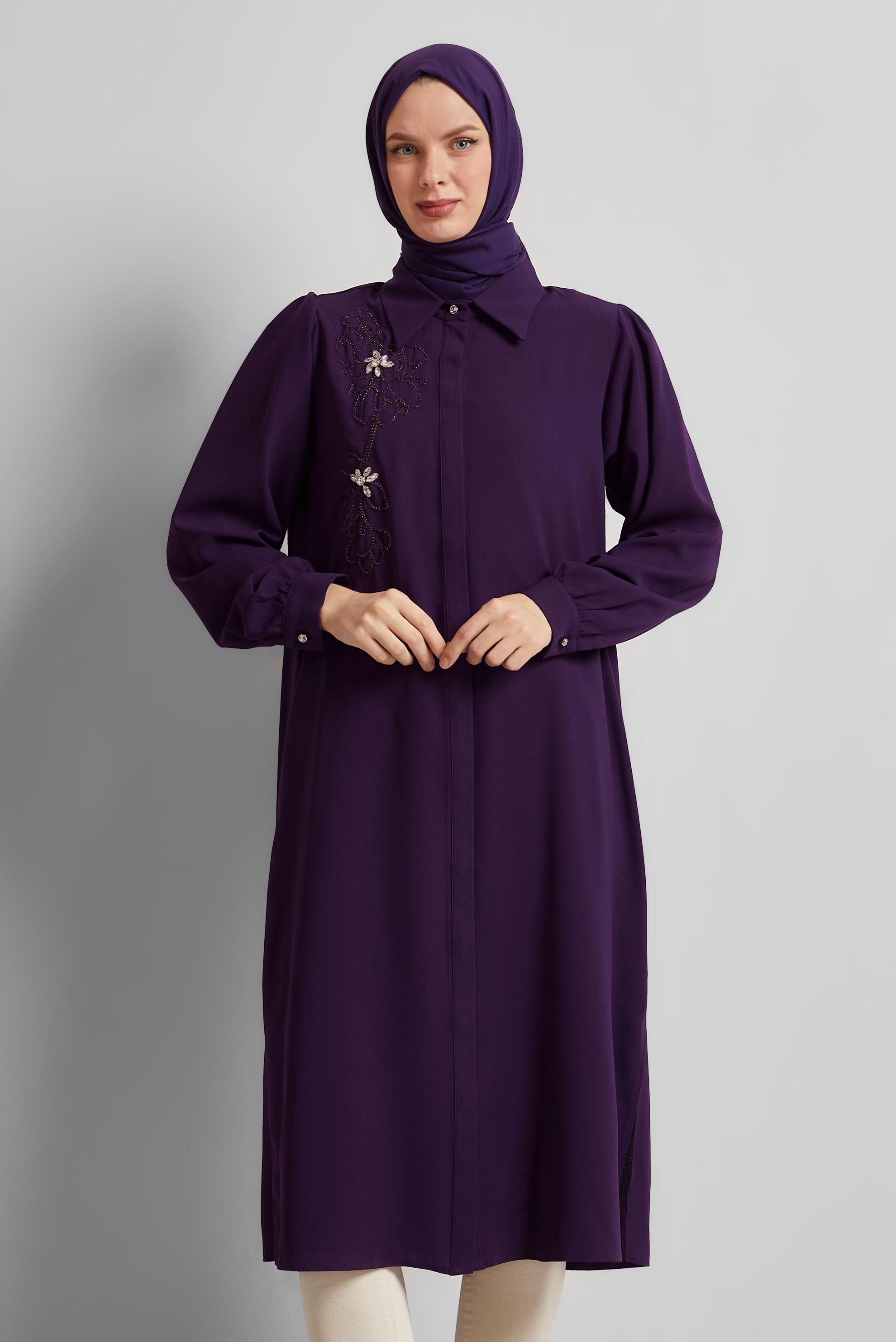 Tesettür giyim MOR GÖMLEK YAKA TESETTÜR TUNİK 45372