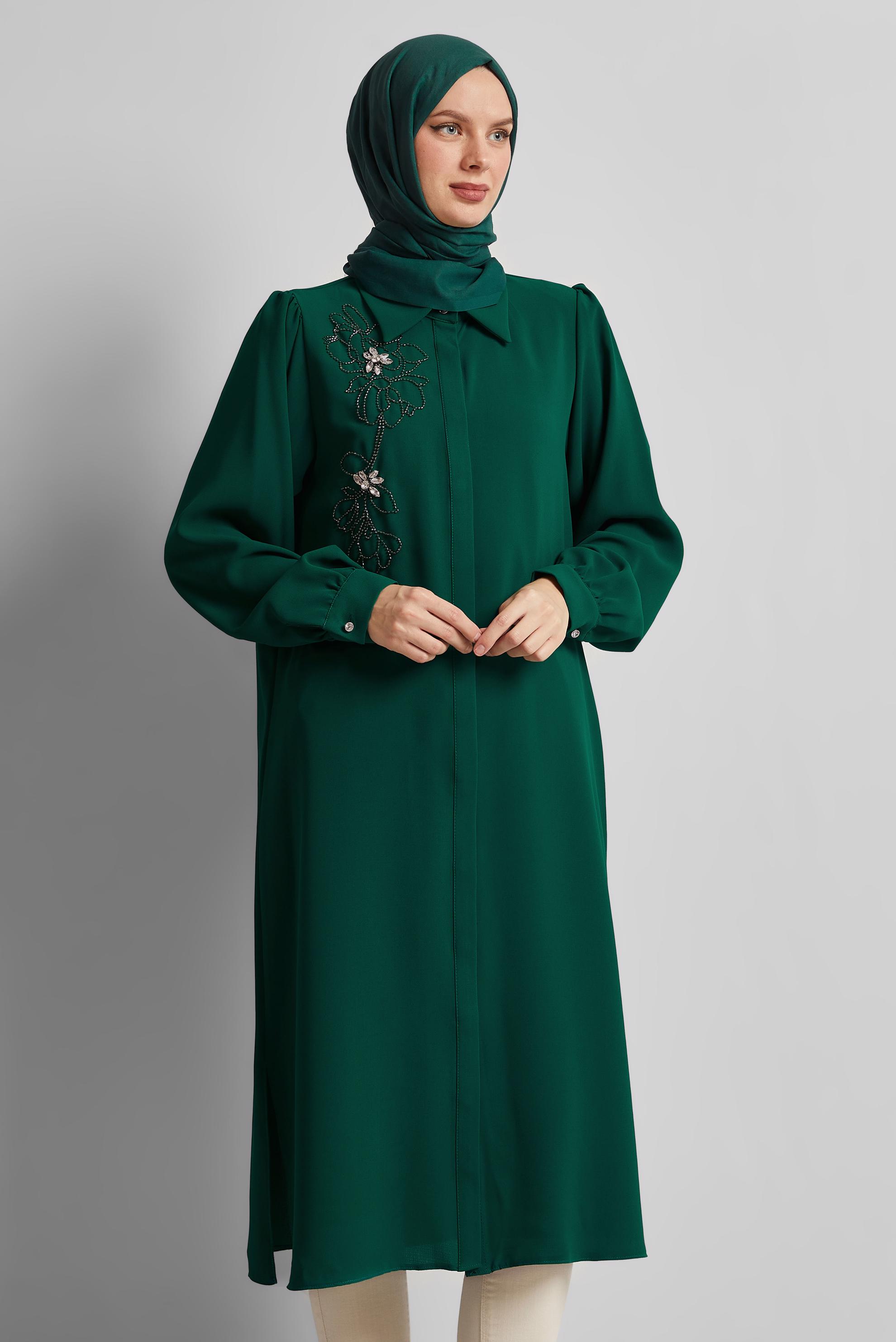 Tesettür giyim YEŞİL GÖMLEK YAKA TESETTÜR TUNİK 45372