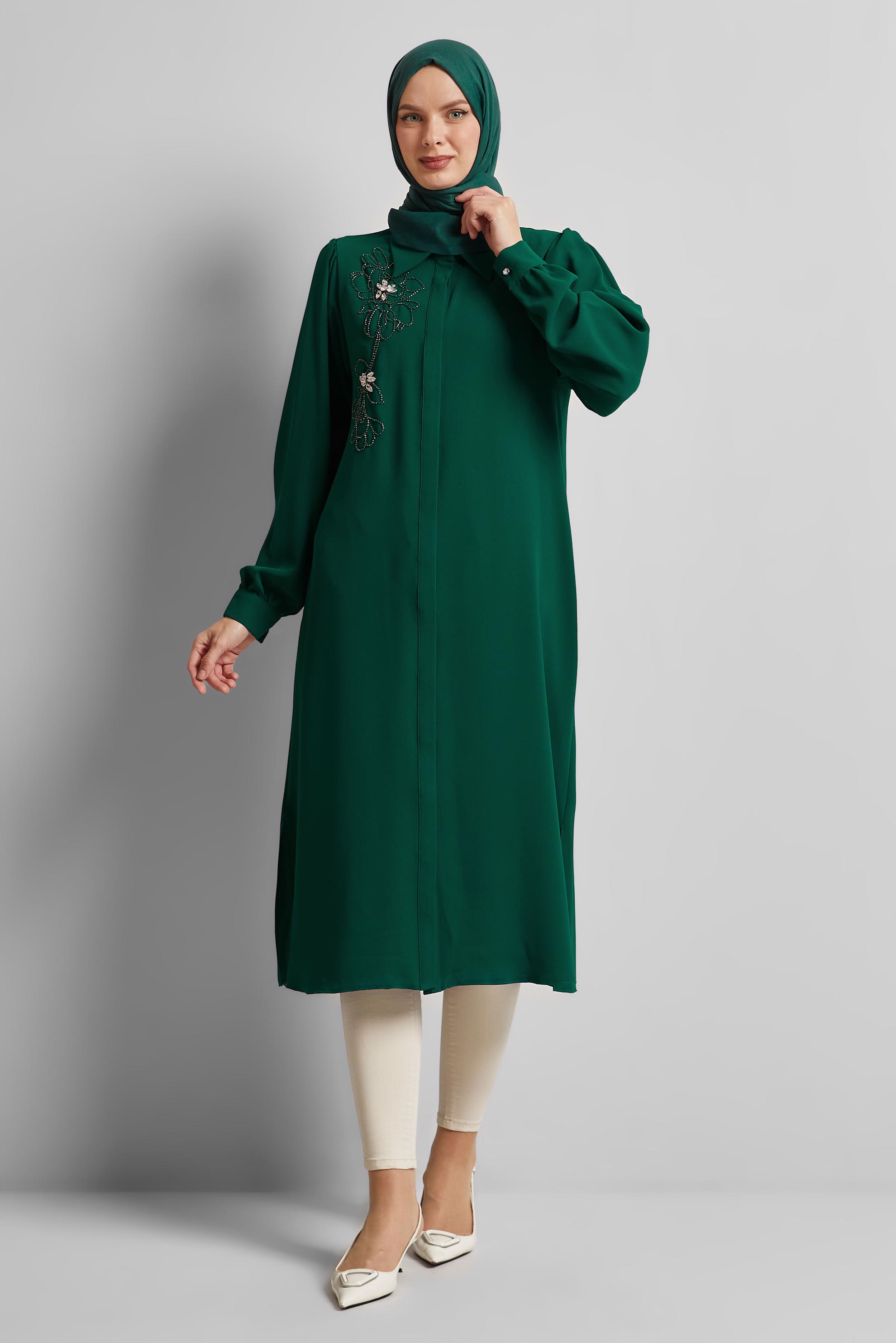 Tesettür giyim YEŞİL GÖMLEK YAKA TESETTÜR TUNİK 45372