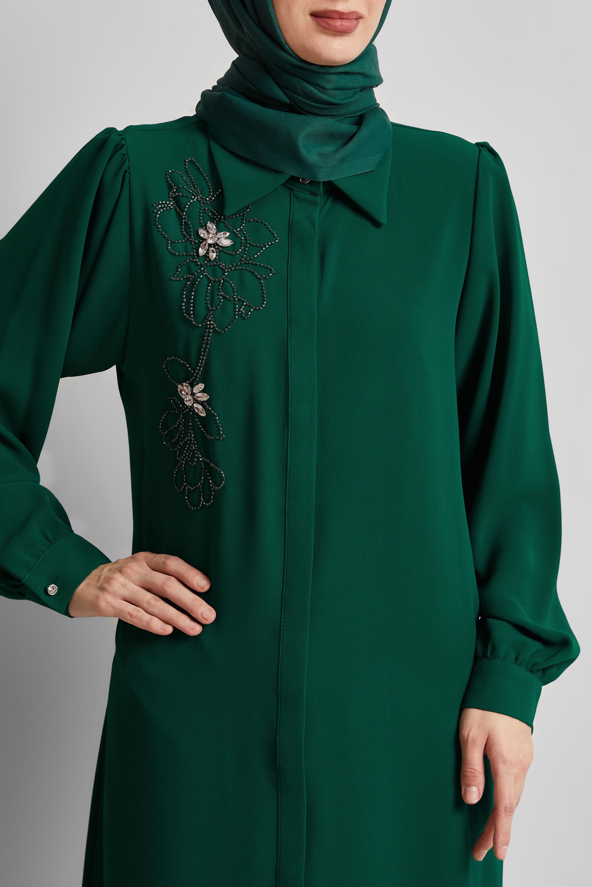 Tesettür giyim YEŞİL GÖMLEK YAKA TESETTÜR TUNİK 45372