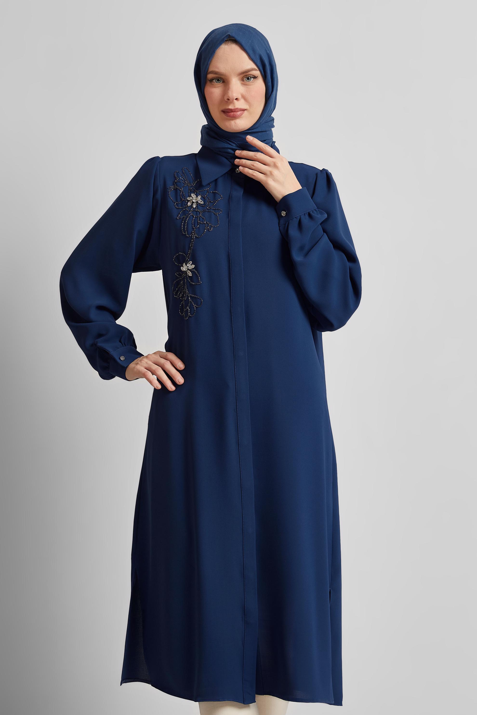 Tesettür giyim LACİVERT GÖMLEK YAKA TESETTÜR TUNİK 45372