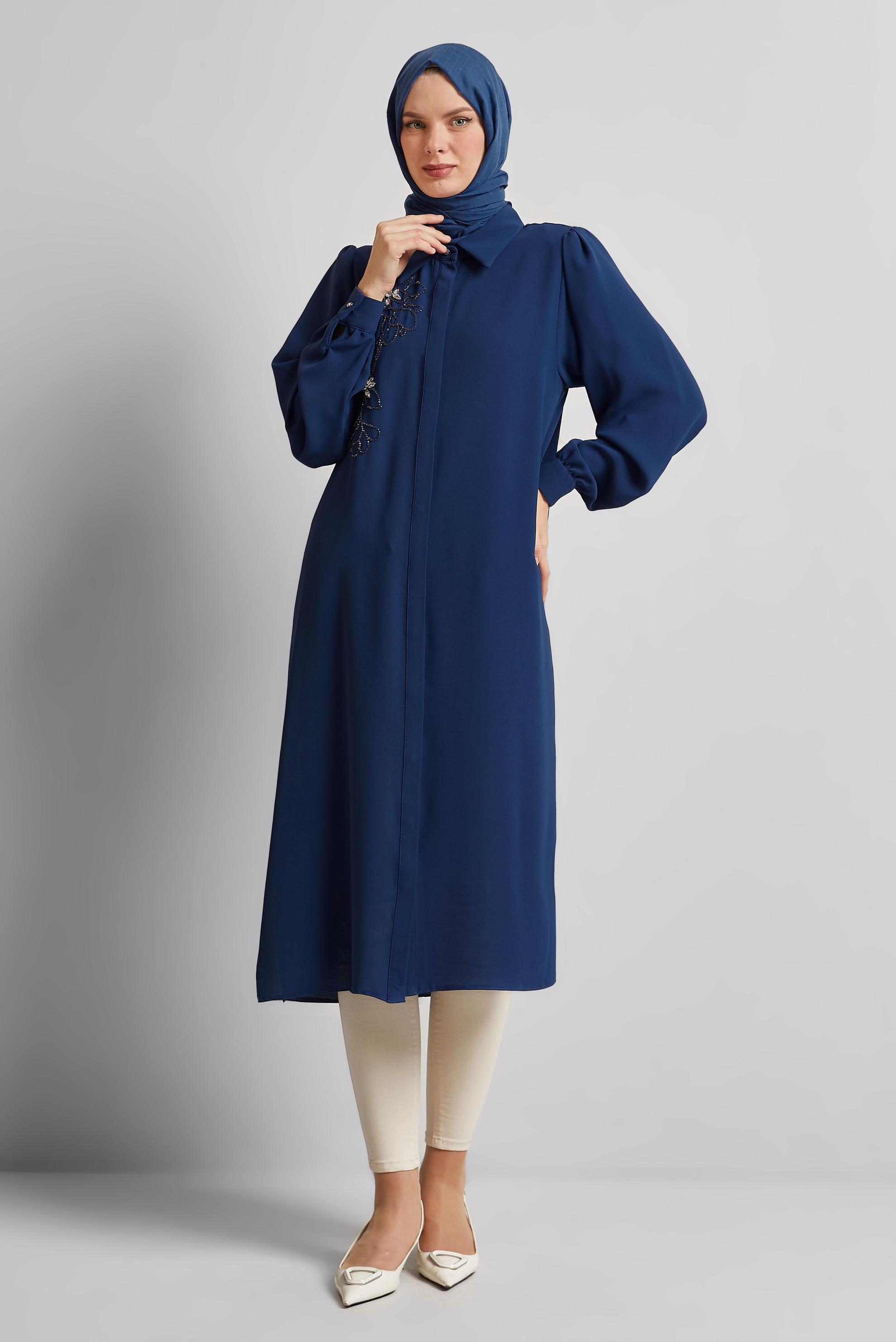 Tesettür giyim LACİVERT GÖMLEK YAKA TESETTÜR TUNİK 45372