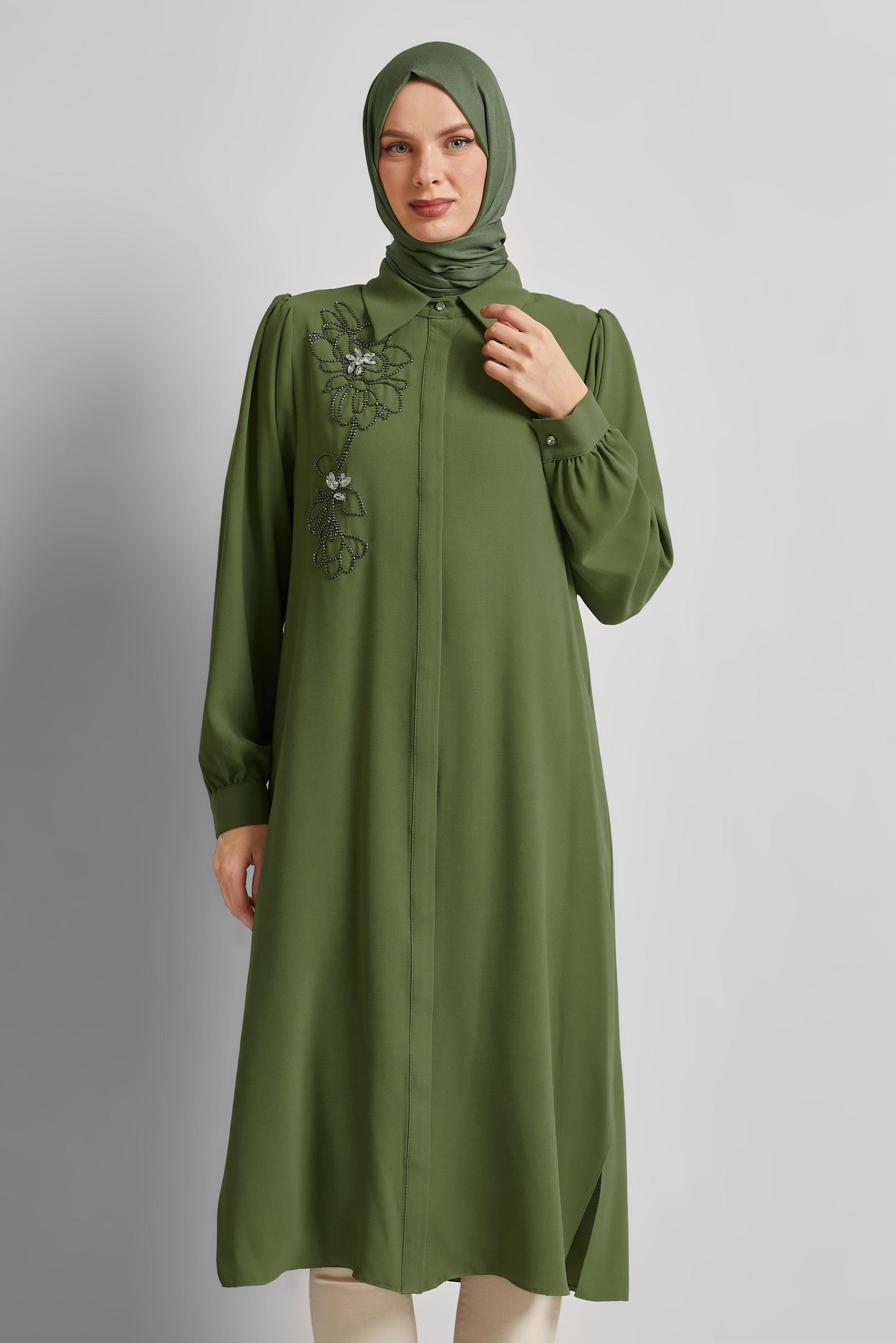 Tesettür giyim YEŞİL GÖMLEK YAKA TESETTÜR TUNİK 45372