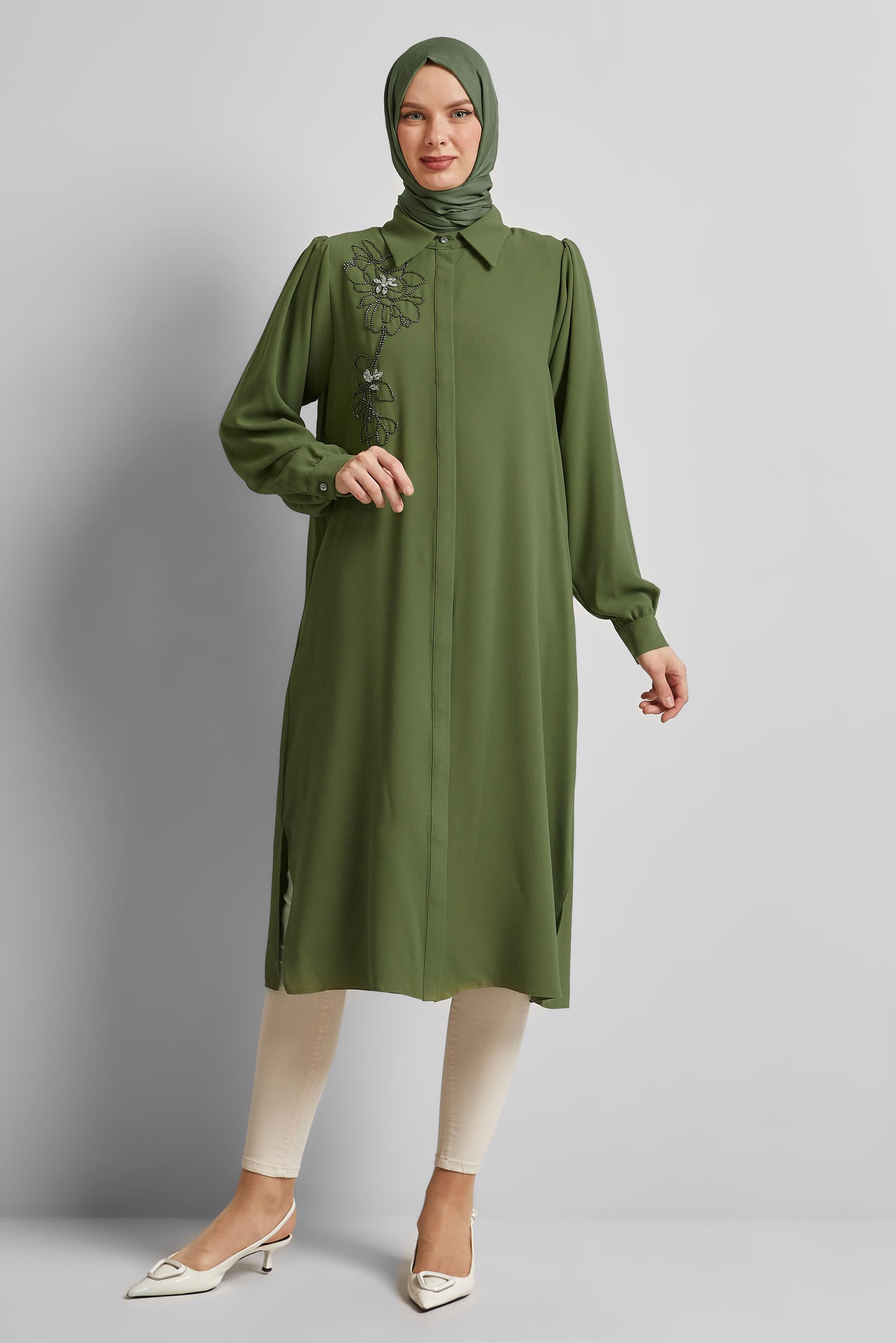 Tesettür giyim YEŞİL GÖMLEK YAKA TESETTÜR TUNİK 45372