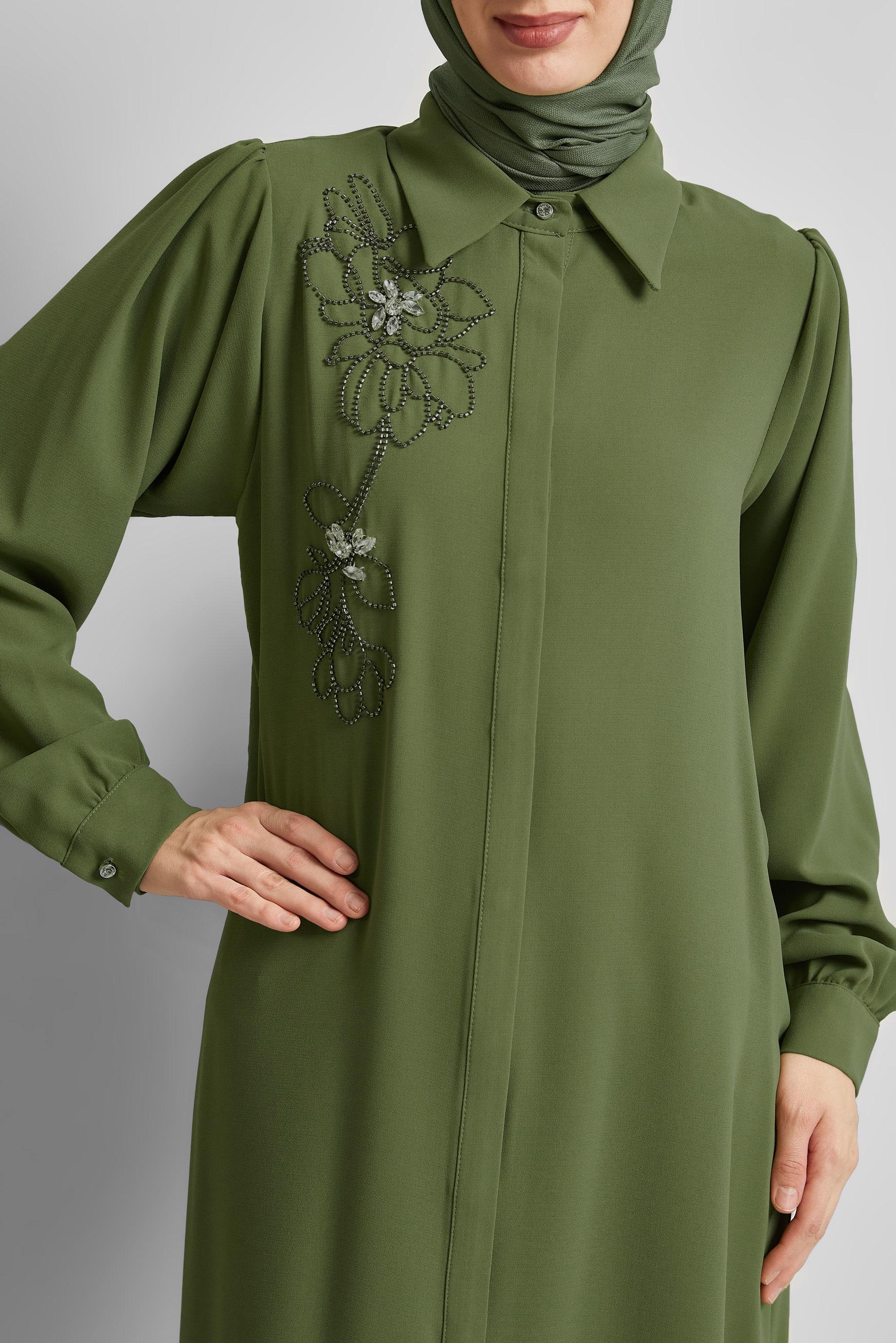 Tesettür giyim YEŞİL GÖMLEK YAKA TESETTÜR TUNİK 45372