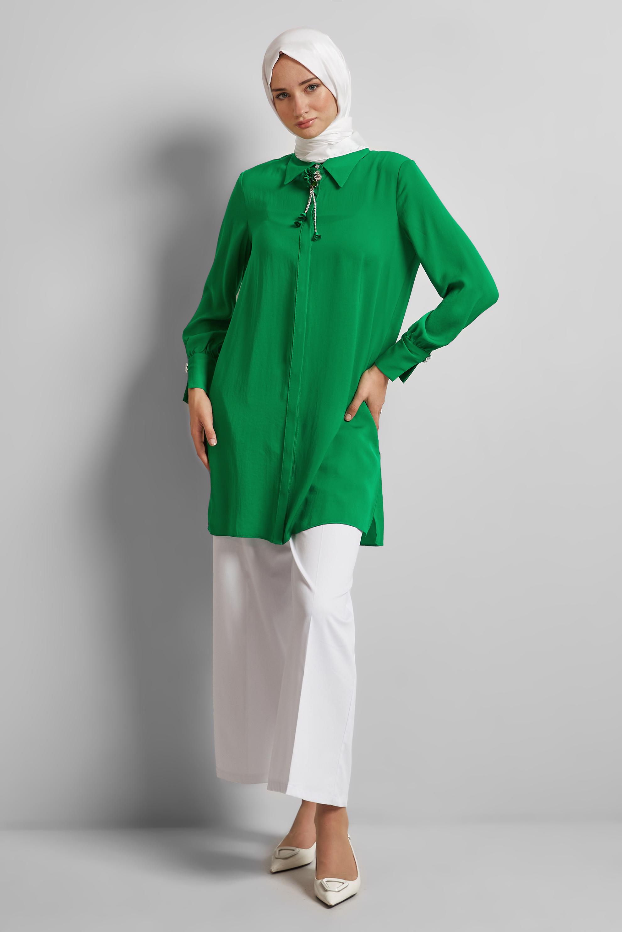 Tesettür giyim YEŞİL BROŞ DETAYLI TUNİK 45373