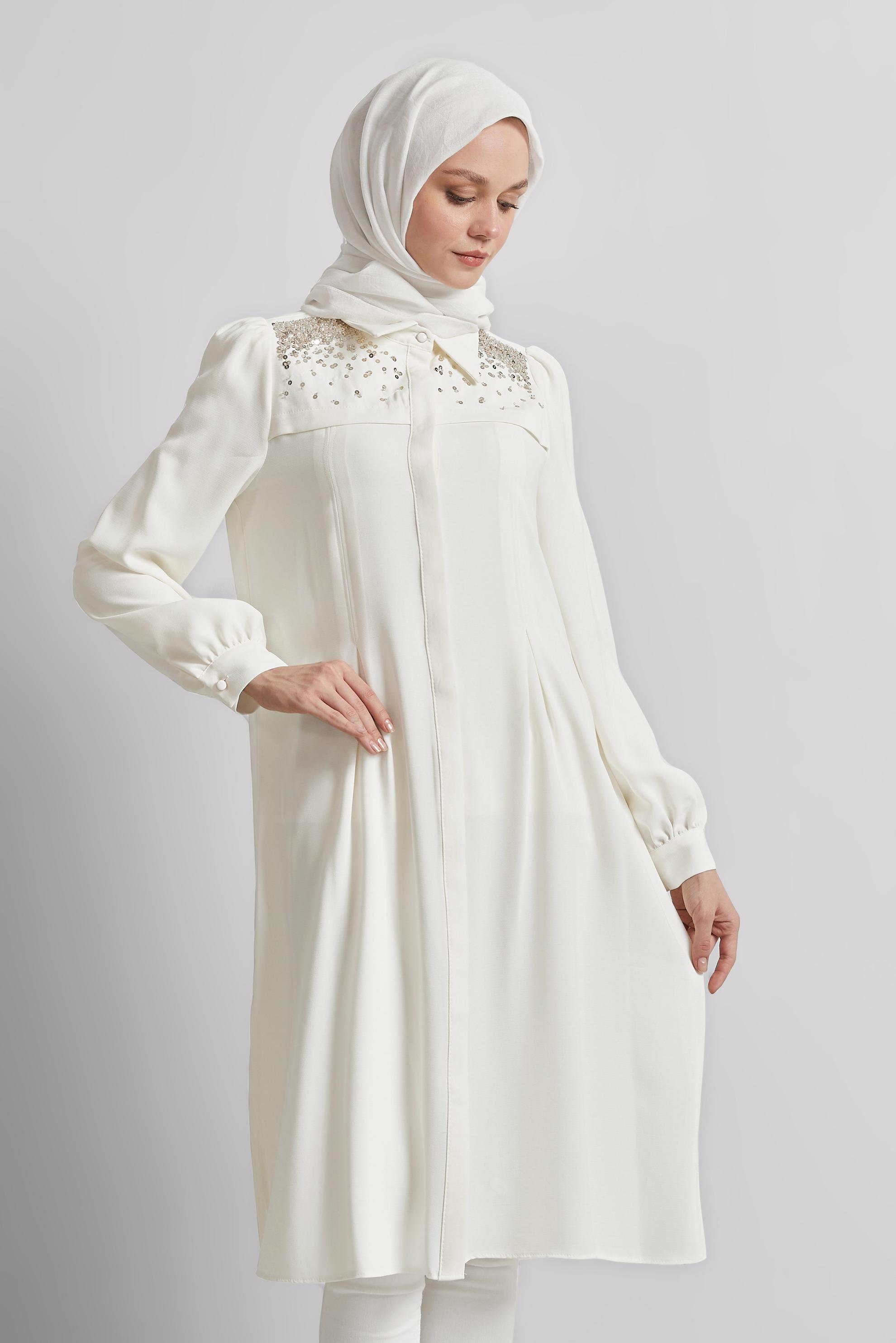 Tesettür giyim BEYAZ PUL PAYETLİ TUNİK 45374
