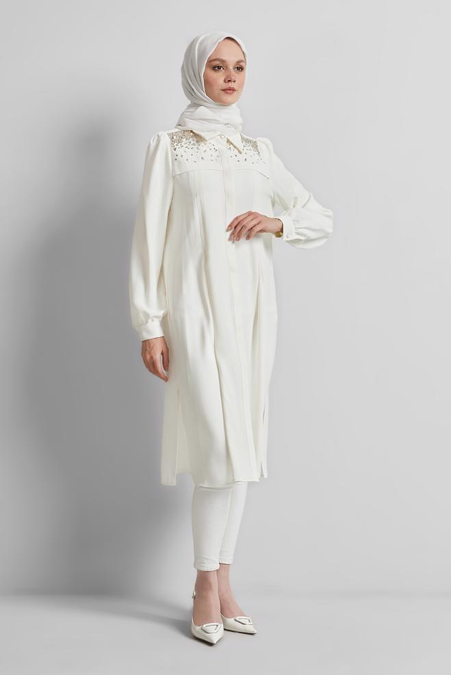 Tesettür giyim BEYAZ PUL PAYETLİ TUNİK 45374 - ALVİNA