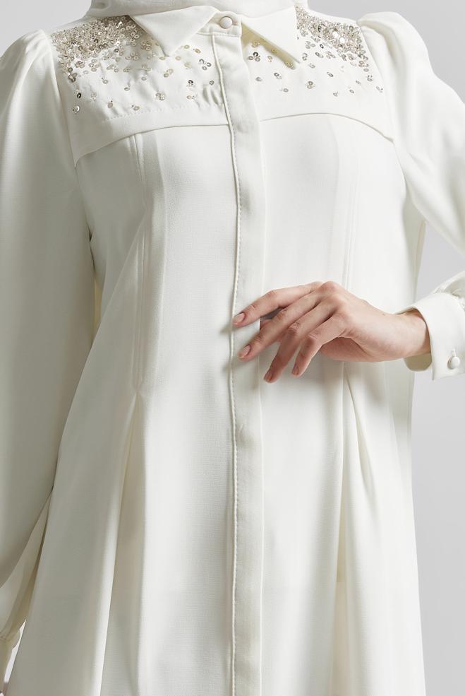 Tesettür giyim BEYAZ PUL PAYETLİ TUNİK 45374 - ALVİNA