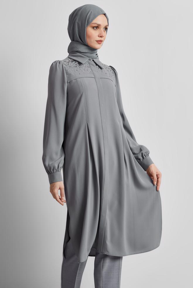 Tesettür giyim GRİ PUL PAYETLİ TUNİK 45374 - ALVİNA