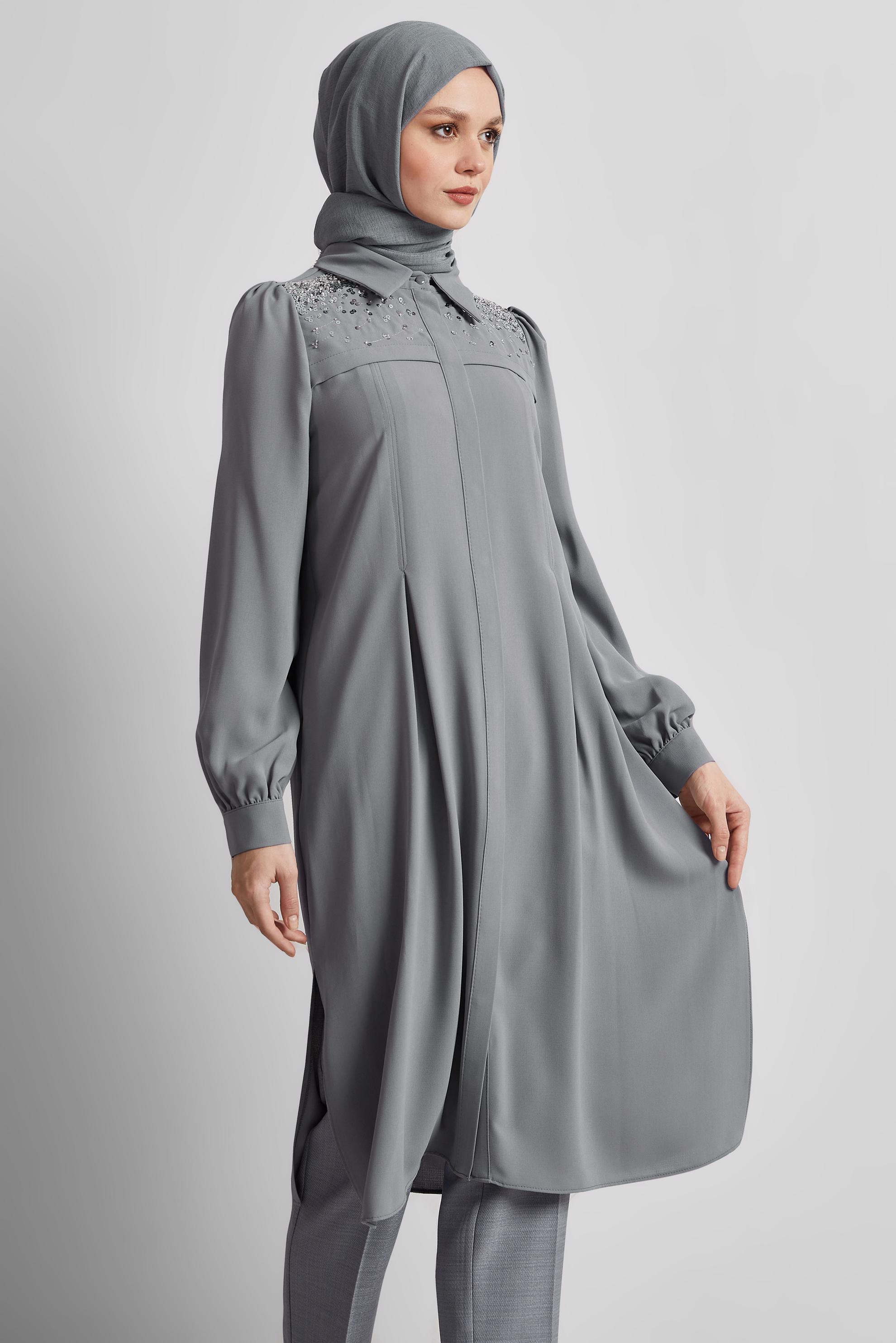 Tesettür giyim GRİ PUL PAYETLİ TUNİK 45374