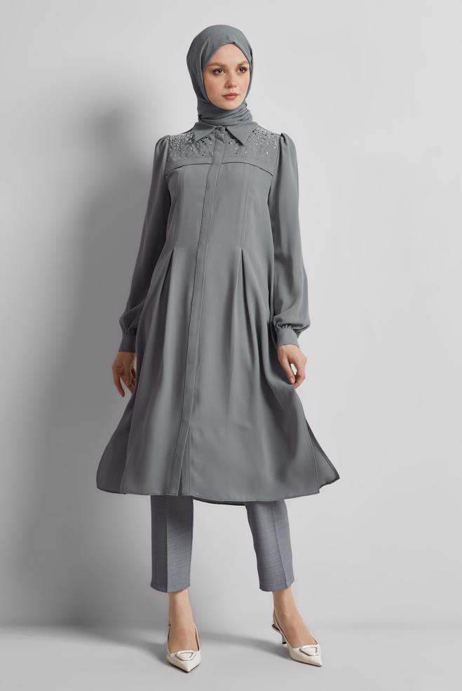 Tesettür giyim GRİ PUL PAYETLİ TUNİK 45374 - ALVİNA