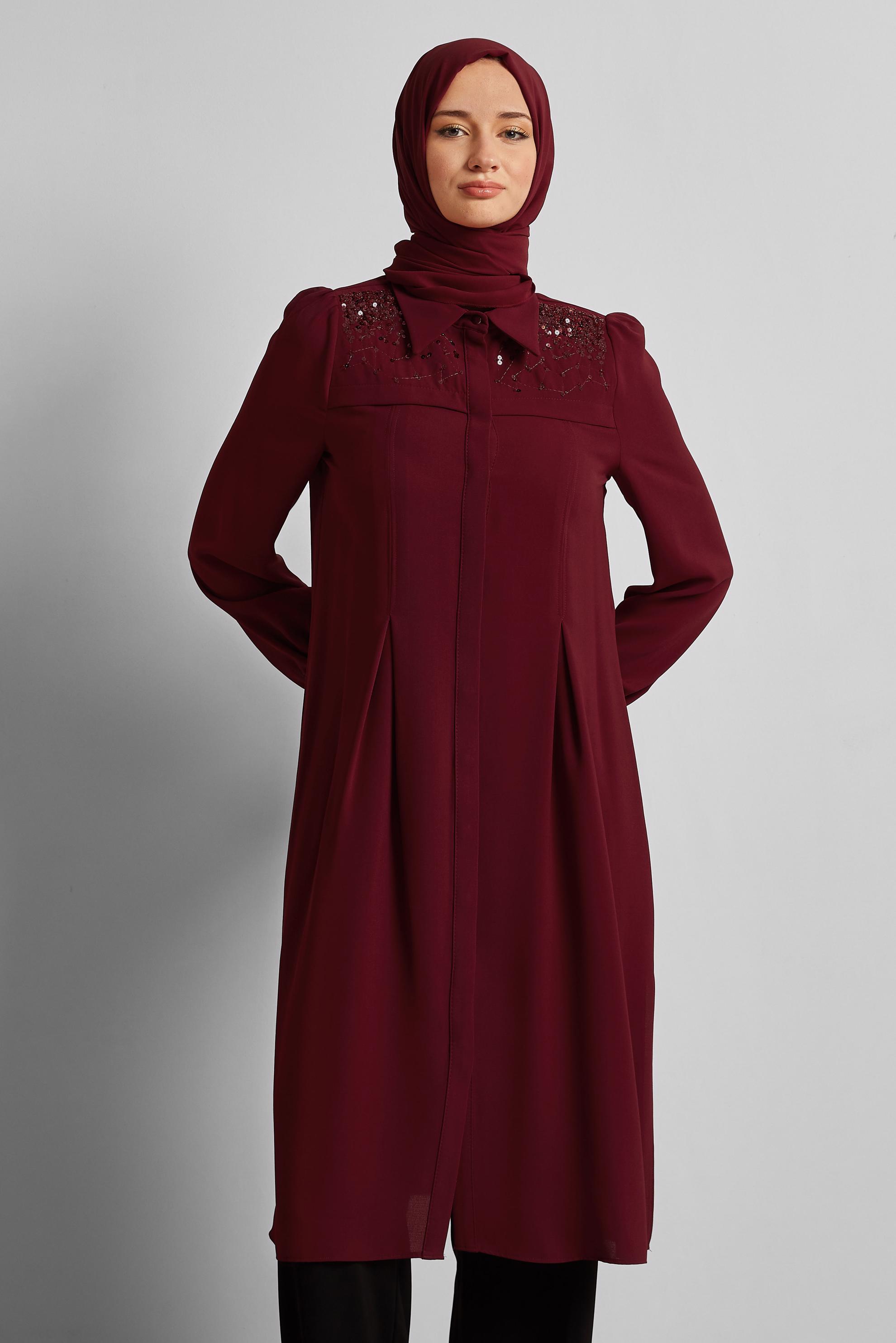 Tesettür giyim BORDO PUL PAYETLİ TUNİK 45374