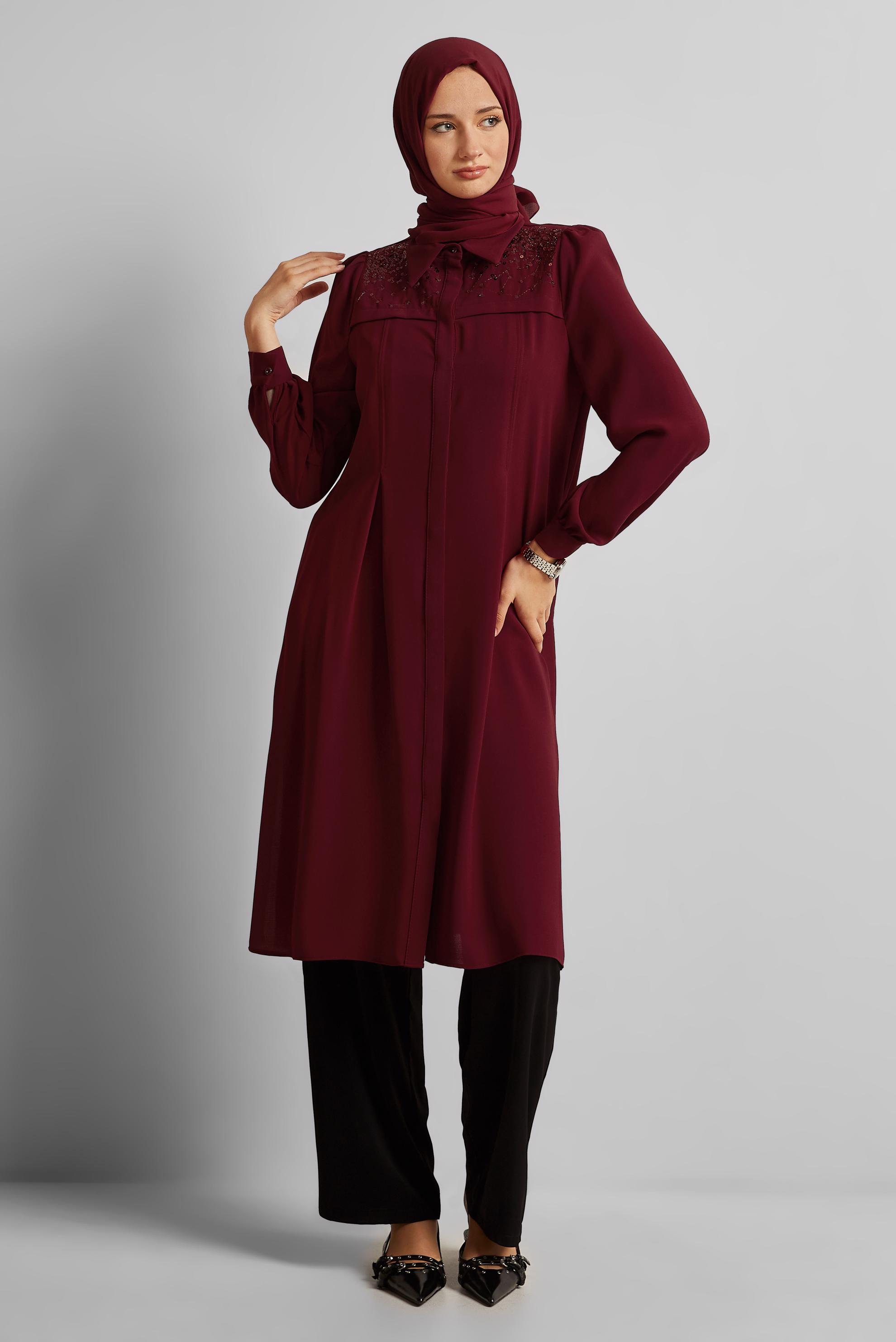Tesettür giyim BORDO PUL PAYETLİ TUNİK 45374