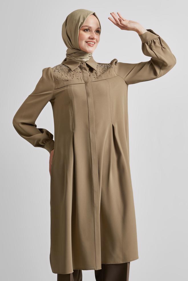 Vêtements hijab BRUN TUNIQUE À PAILLETTES 45374 - ALVİNA