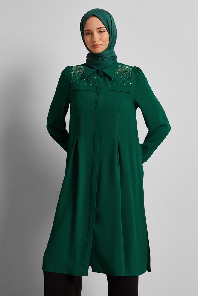 Vêtements hijab VERT TUNIQUE À PAILLETTES 45374 - ALVİNA