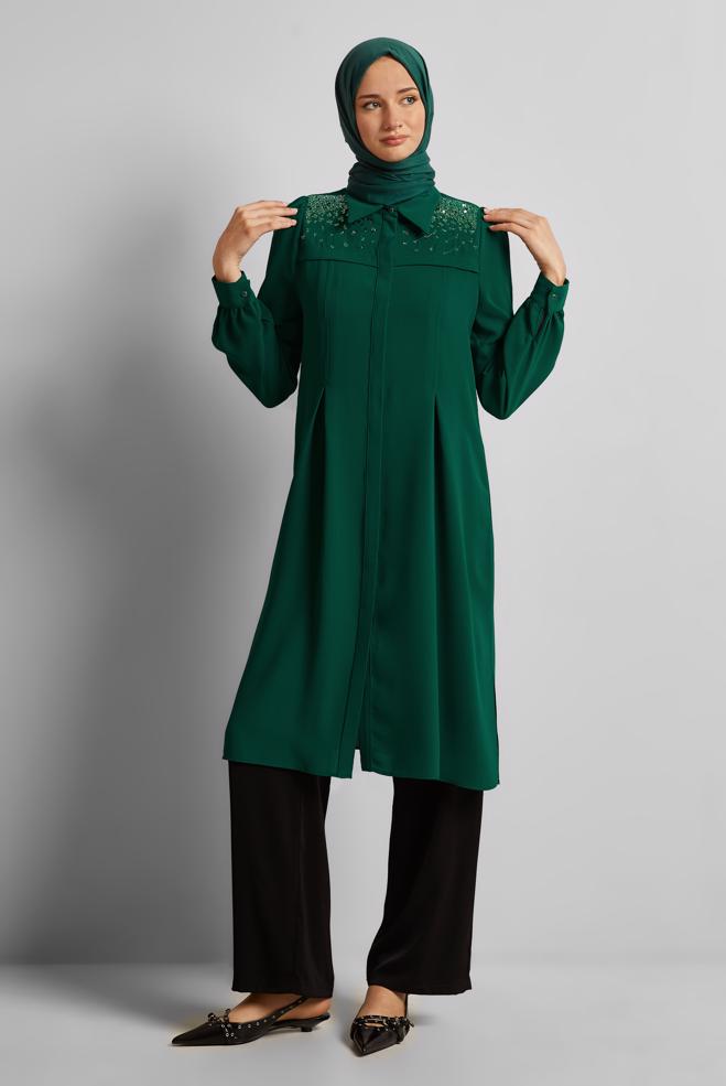 Vêtements hijab VERT TUNIQUE À PAILLETTES 45374 - ALVİNA