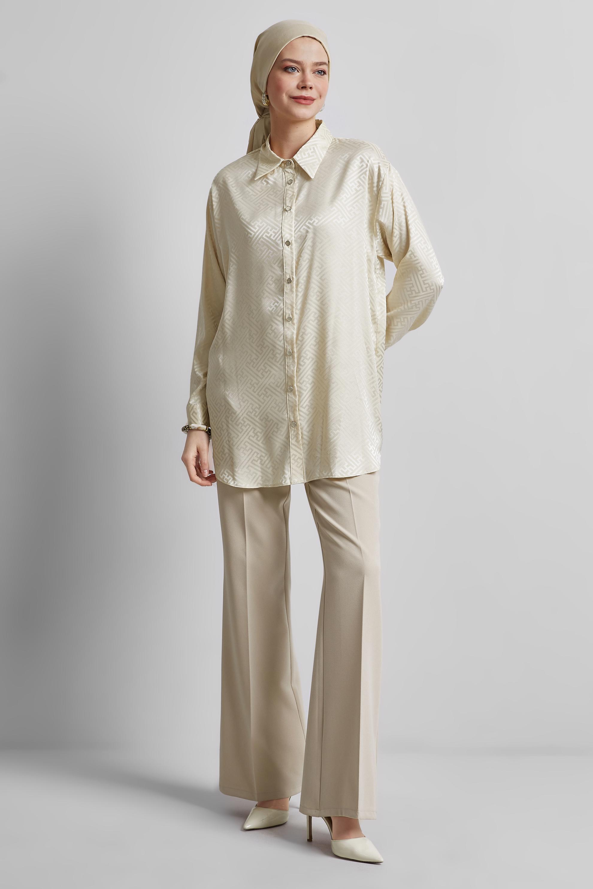 Tesettür giyim BEJ SATEN JAKAR TUNİK 45375