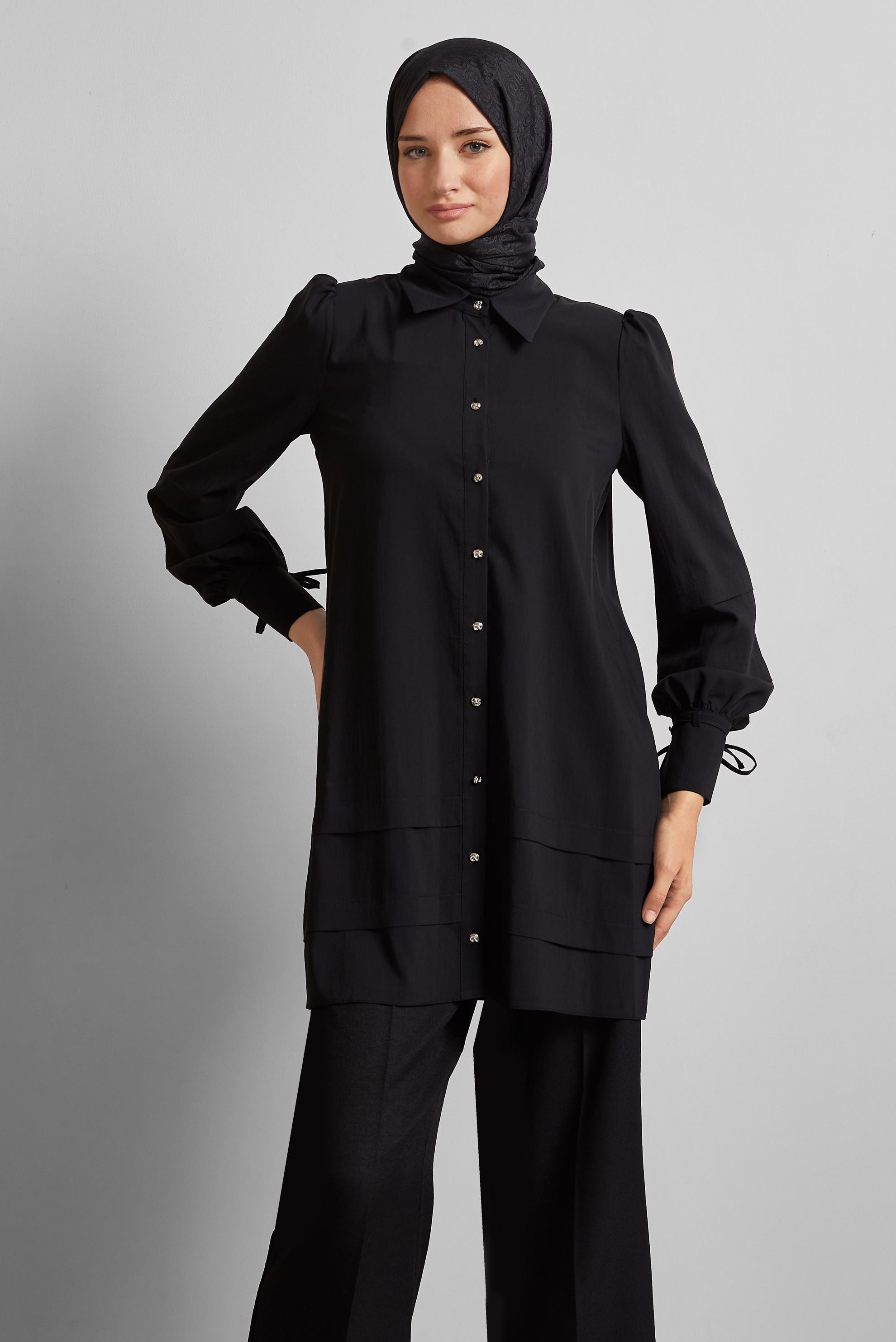 Tesettür giyim SİYAH GÖMLEK YAKA TUNİK 45379