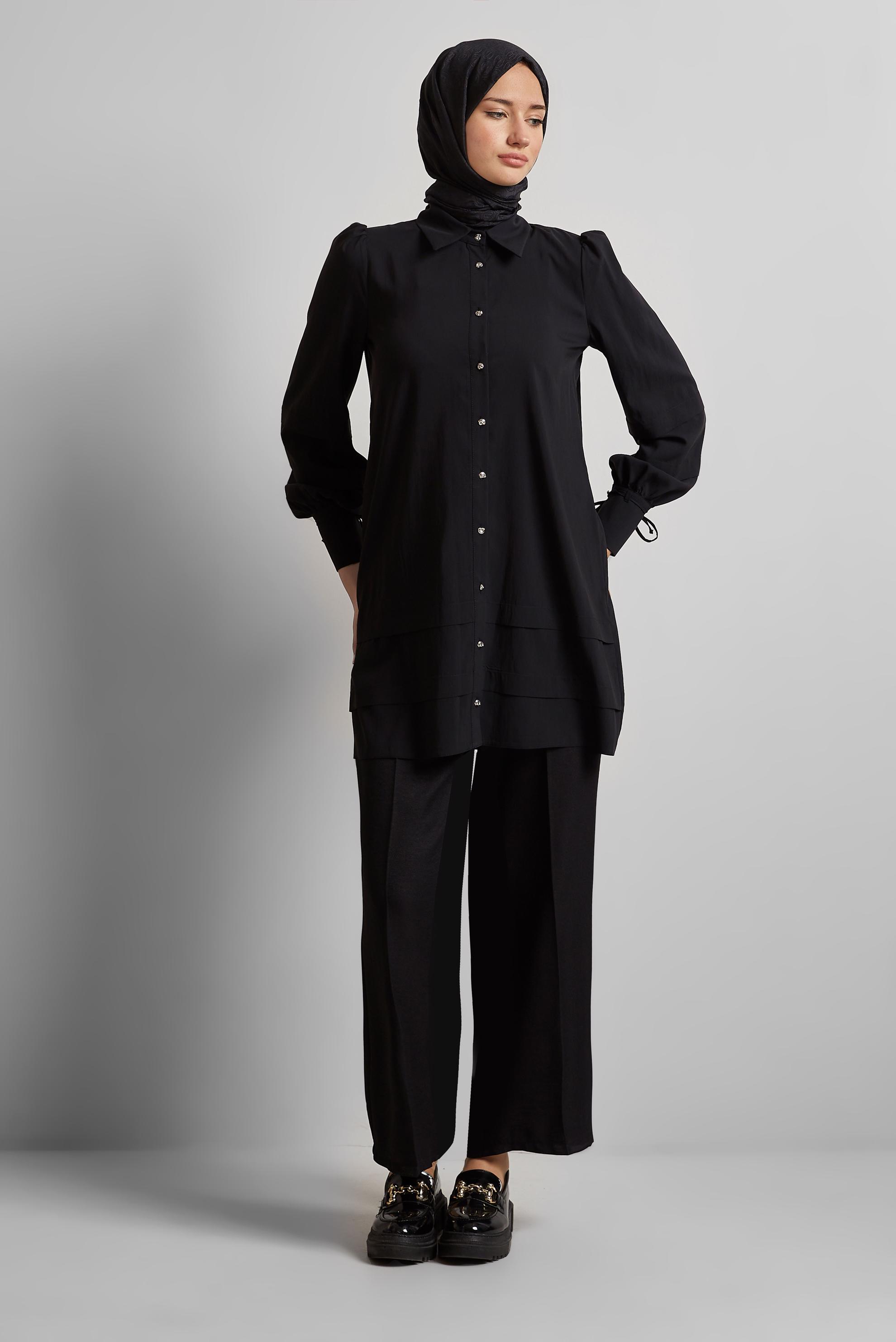 Tesettür giyim SİYAH GÖMLEK YAKA TUNİK 45379