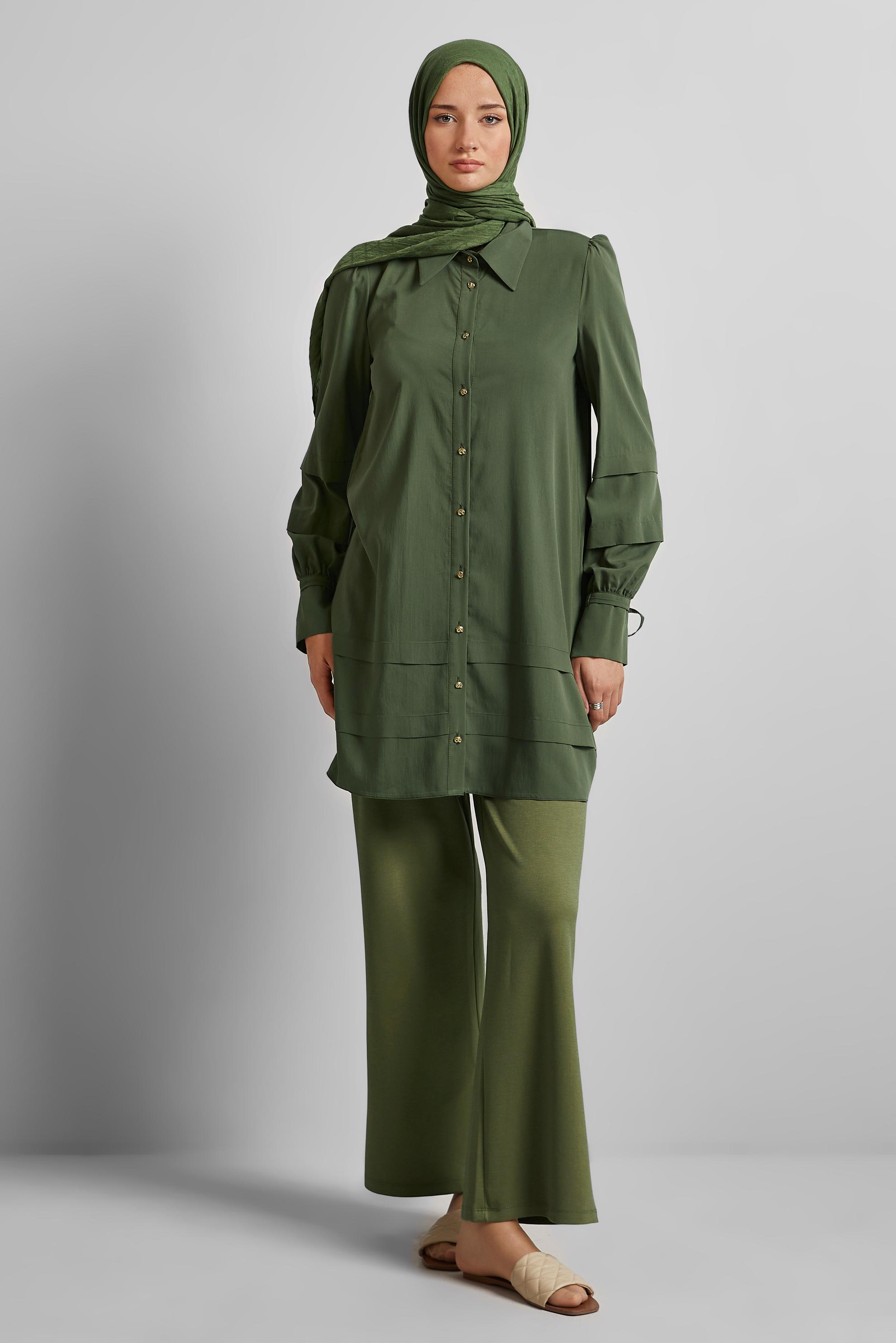 Tesettür giyim HAKİ GÖMLEK YAKA TUNİK 45379