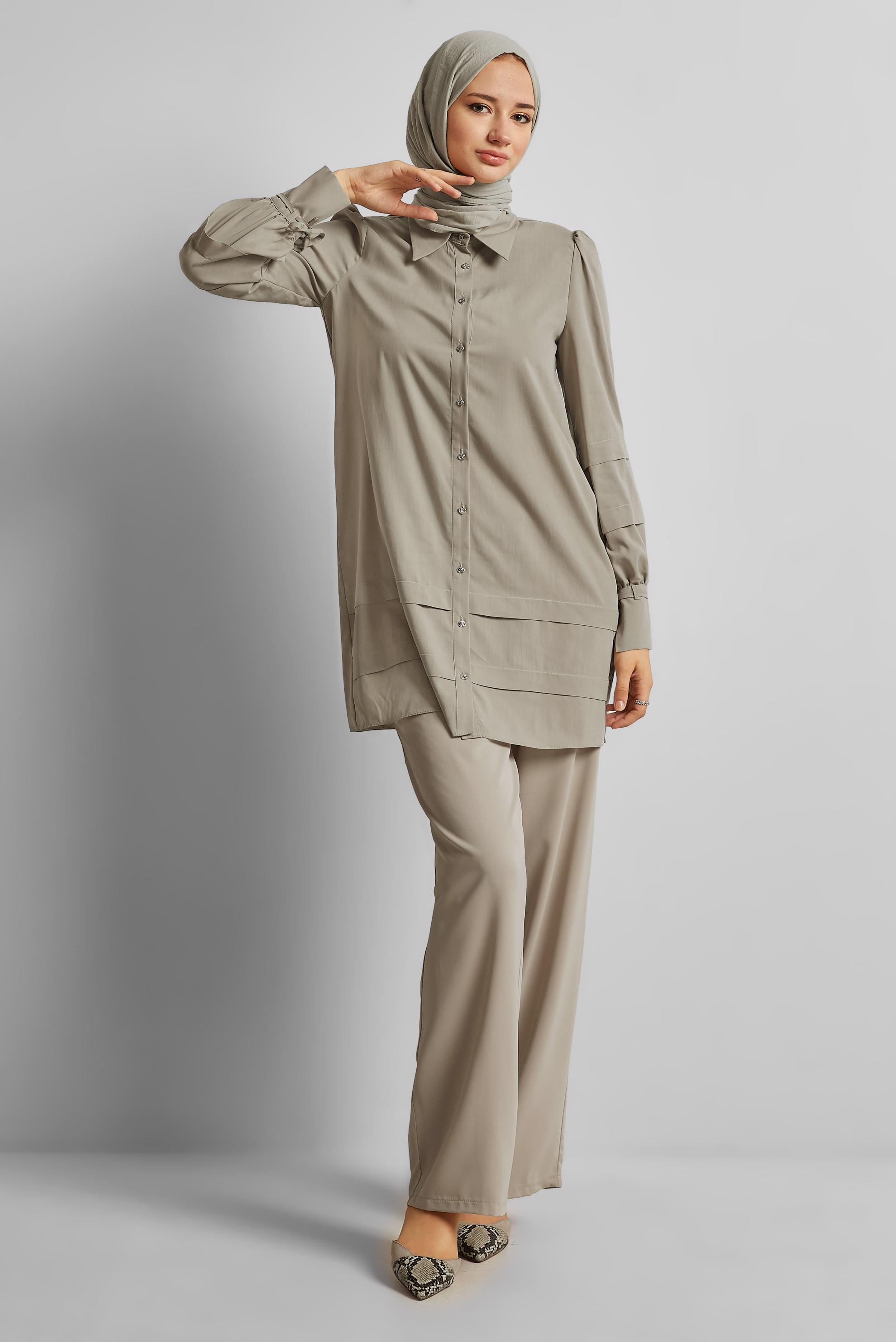 Tesettür giyim BEJ GÖMLEK YAKA TUNİK 45379