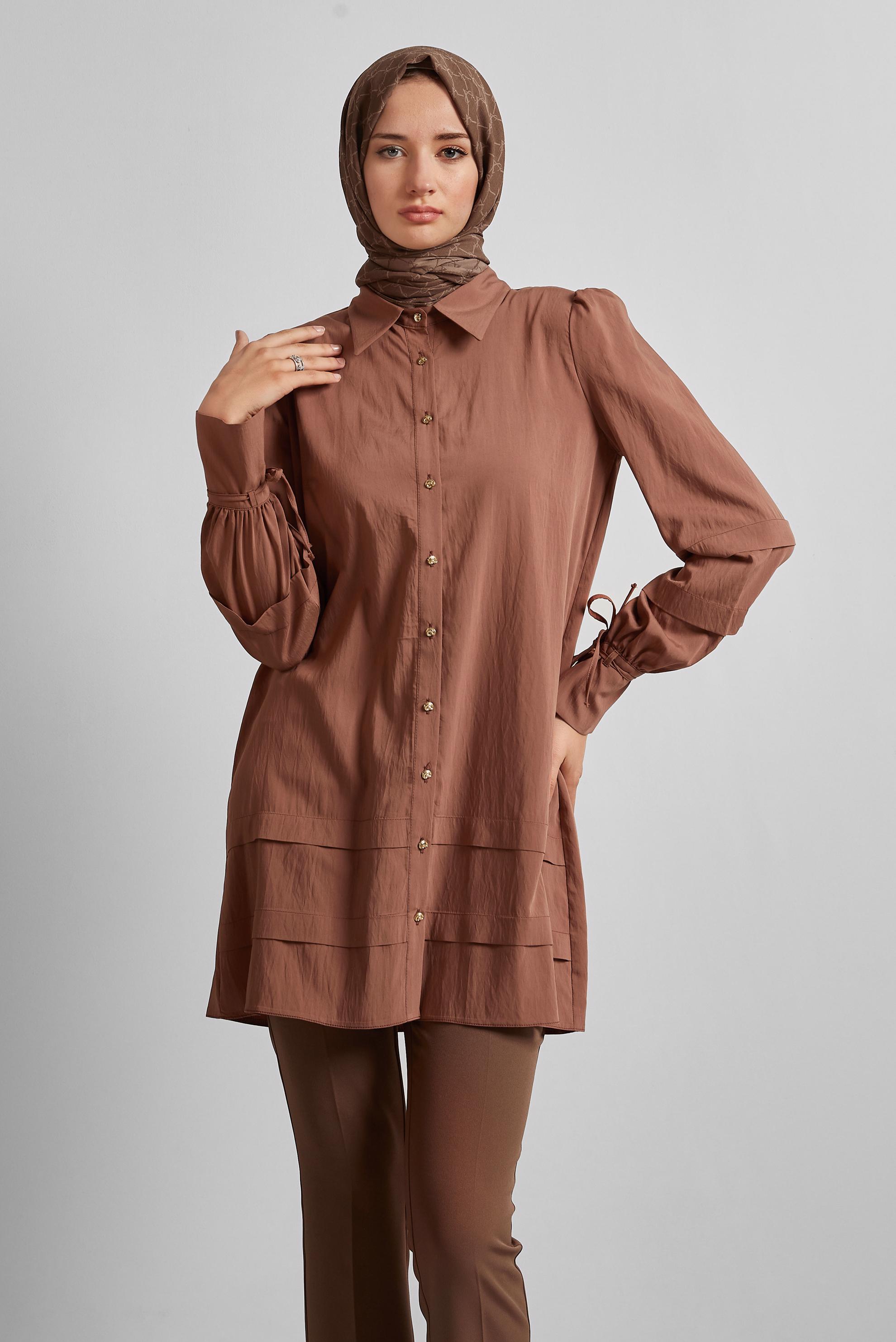 Tesettür giyim KAHVE GÖMLEK YAKA TUNİK 45379