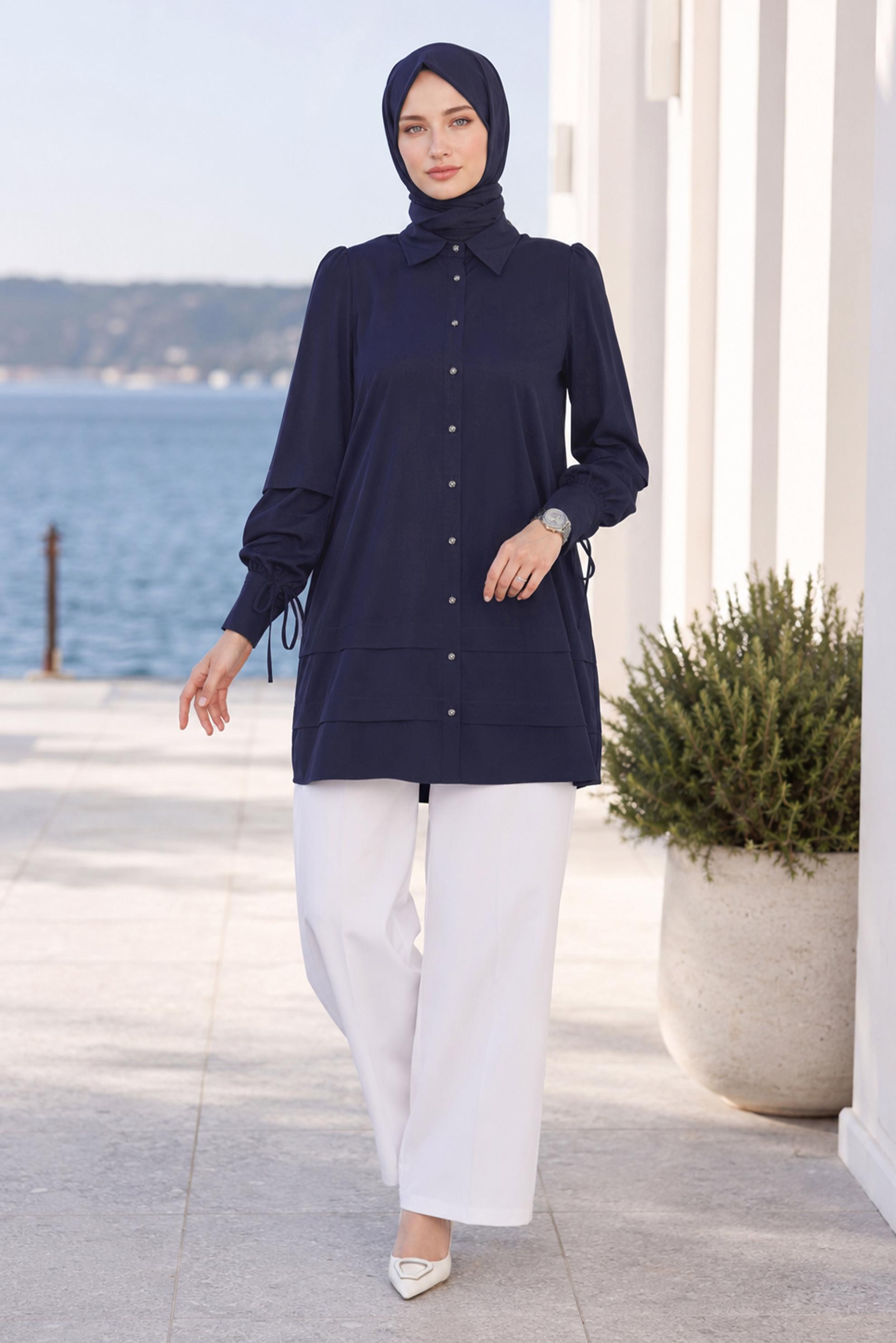 Vêtements hijab BLEU MARINE TUNIQUE COL CHEMISE 45379