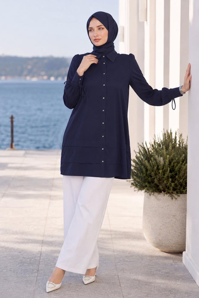 Vêtements hijab BLEU MARINE TUNIQUE COL CHEMISE 45379 - ALVİNA