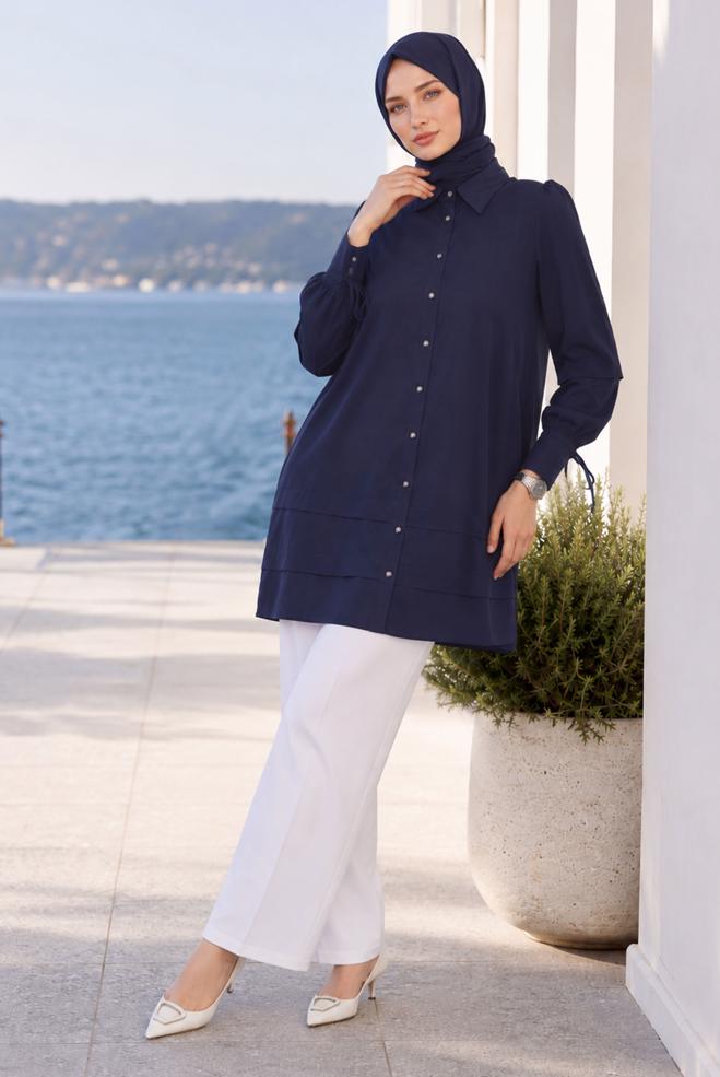 Vêtements hijab BLEU MARINE TUNIQUE COL CHEMISE 45379 - ALVİNA