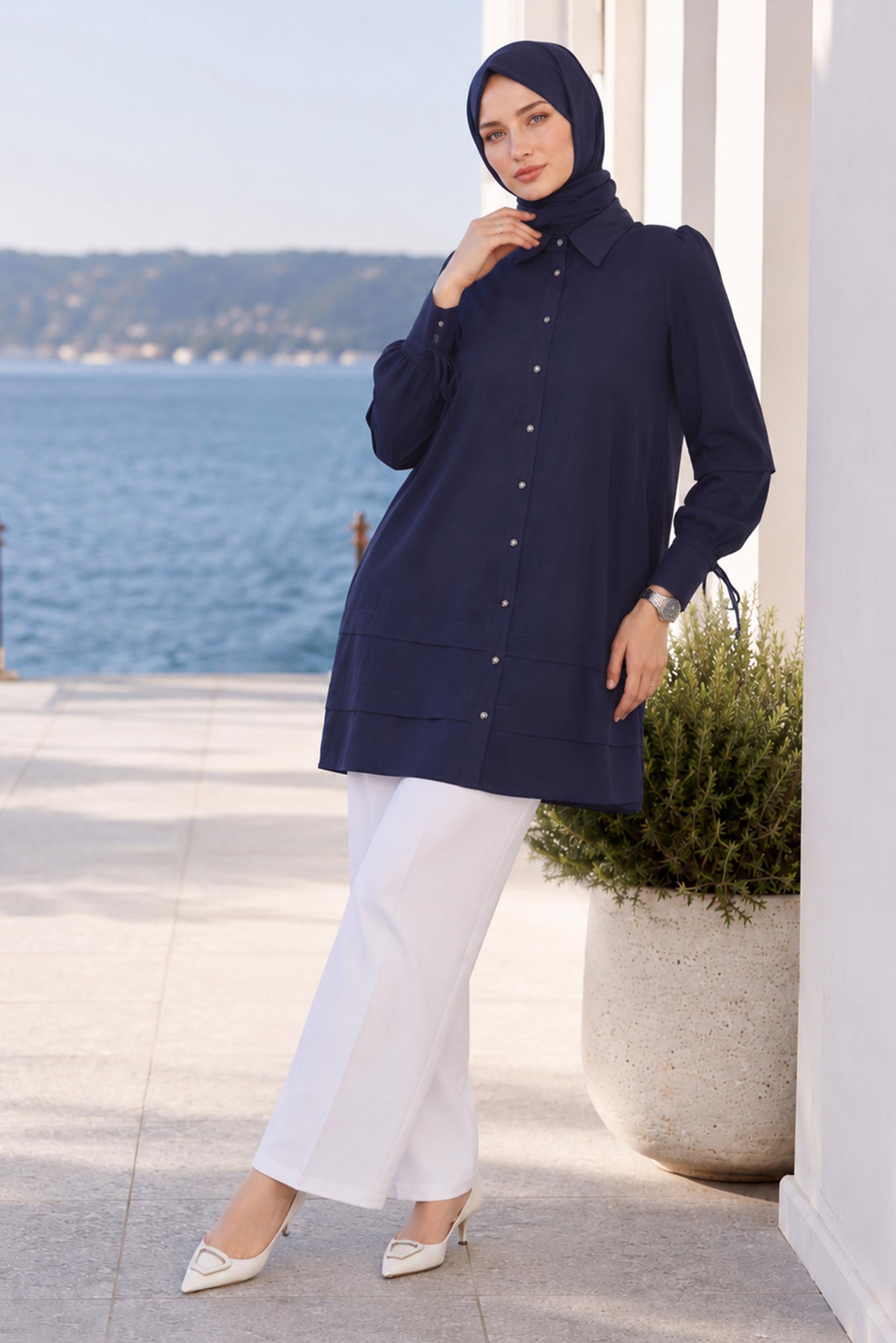 Vêtements hijab BLEU MARINE TUNIQUE COL CHEMISE 45379