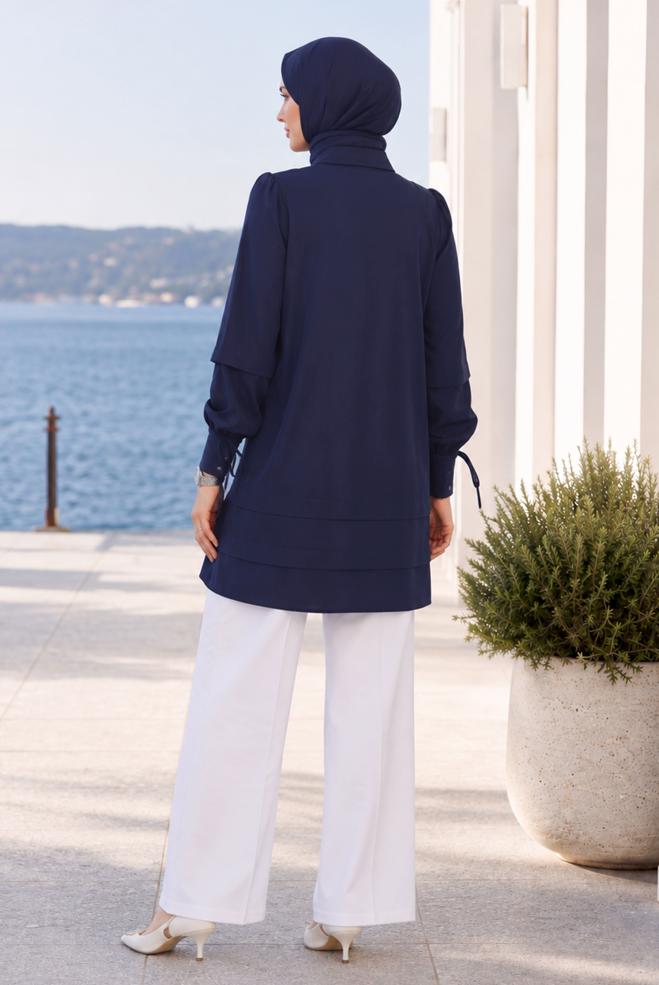 Vêtements hijab BLEU MARINE TUNIQUE COL CHEMISE 45379 - ALVİNA