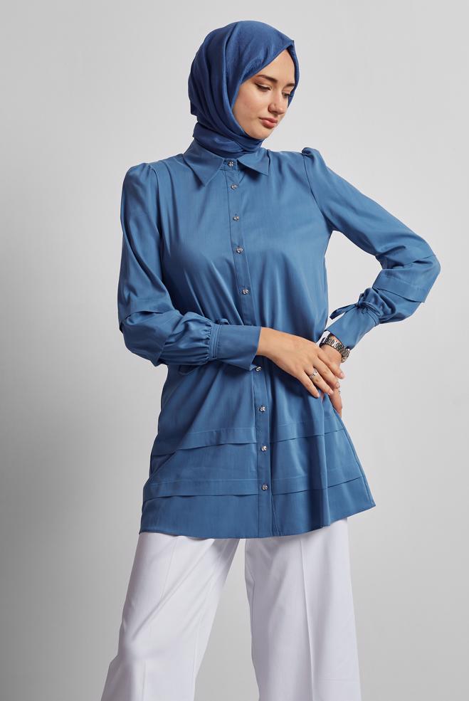 Hijab-Kleidung NAVY BLAU HEMDKRAGEN TUNIKA 45379 - ALVİNA